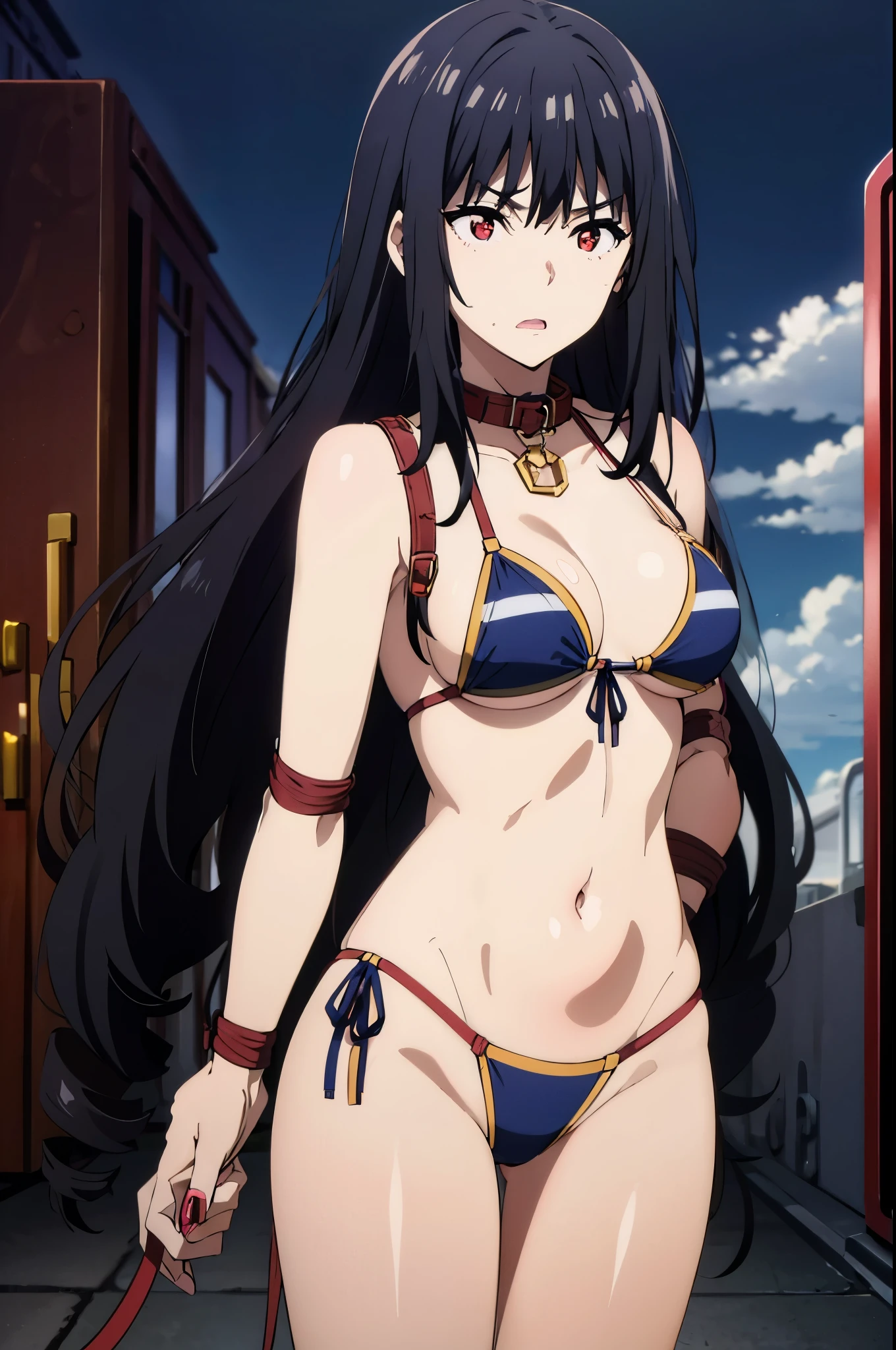 (((collar,leash,tied up,bondage,scared expression))),black hair,red eyes,(((bikini)))