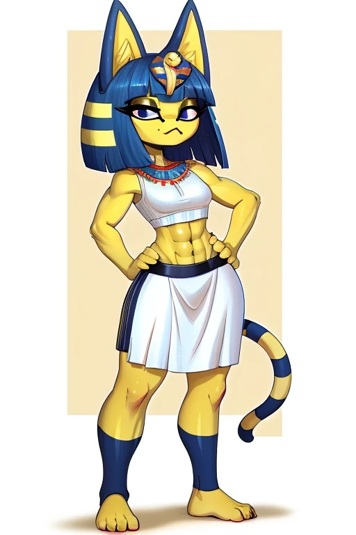 ((best quality)), ((masterpiece)), (detailed), perfect face, a digital artwork of a barefoot sexy Ankha with abs wearing a crop top of her white  sleeveless  dress outfit with white long skirt, a bare midriff and a bare navel, Egyptian setting, smug face, 