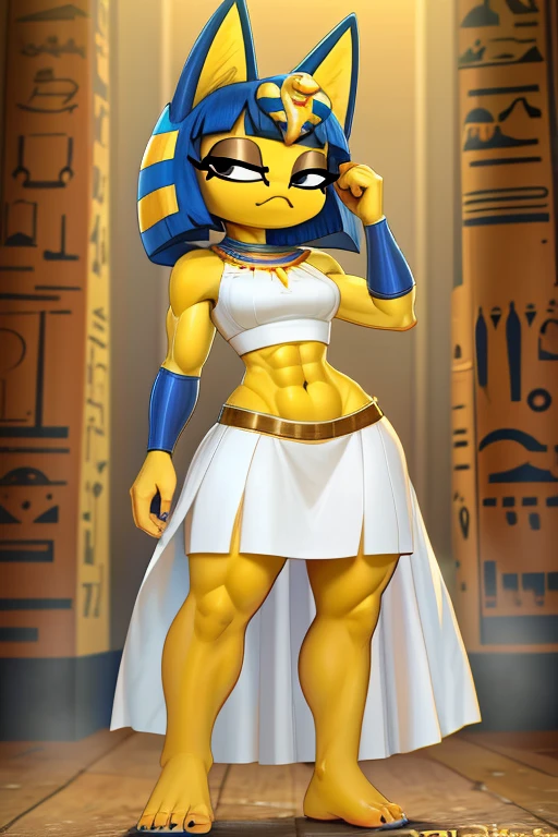((best quality)), ((masterpiece)), (detailed), perfect face, a digital artwork of a barefoot sexy Ankha with abs wearing a crop top of her white sleeveless dress outfit with white long skirt, a bare midriff and a bare navel, Egyptian setting, smug face,