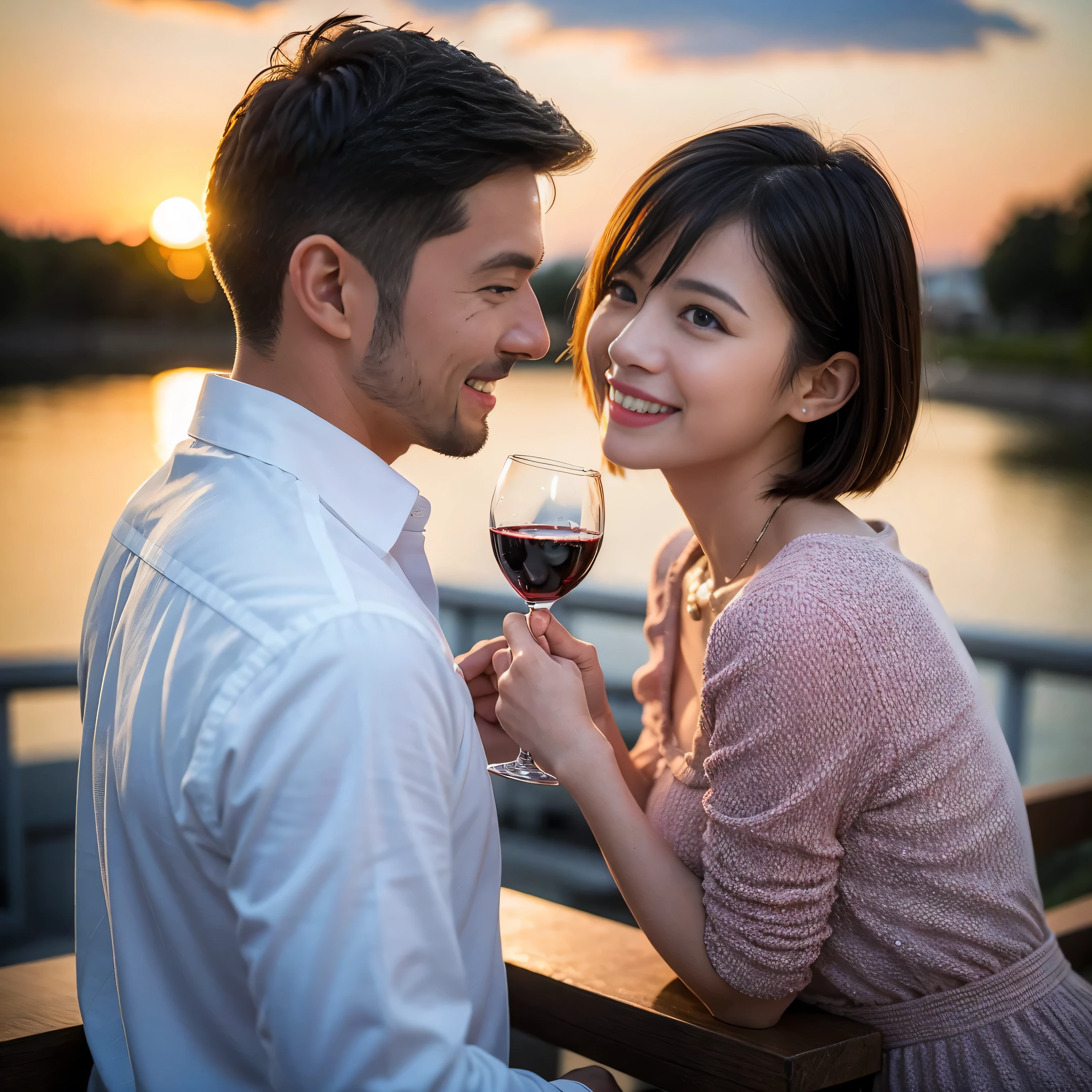 ((highest quality、8k、masterpiece:1.3))、 (Realistic, Real、Bright image、Intricate details:1.2), 1 male 1 female、Ryoko Yonekura-like beautiful couple、lover、couple、spouse、Beautiful couple、Happy smile、full-course dinner、 (Slim face), (Slim Body), (Brown Hair), (Short Hair), Wine glass on the table、Please put light on my face、 Amazing view of the sunset sky and clouds、 (Age 35), 39 years old, red wine 、Appetizers、Wine bottle、sparkling wine、Long sleeve shirt、dress、White wine, red wine, wine glass,