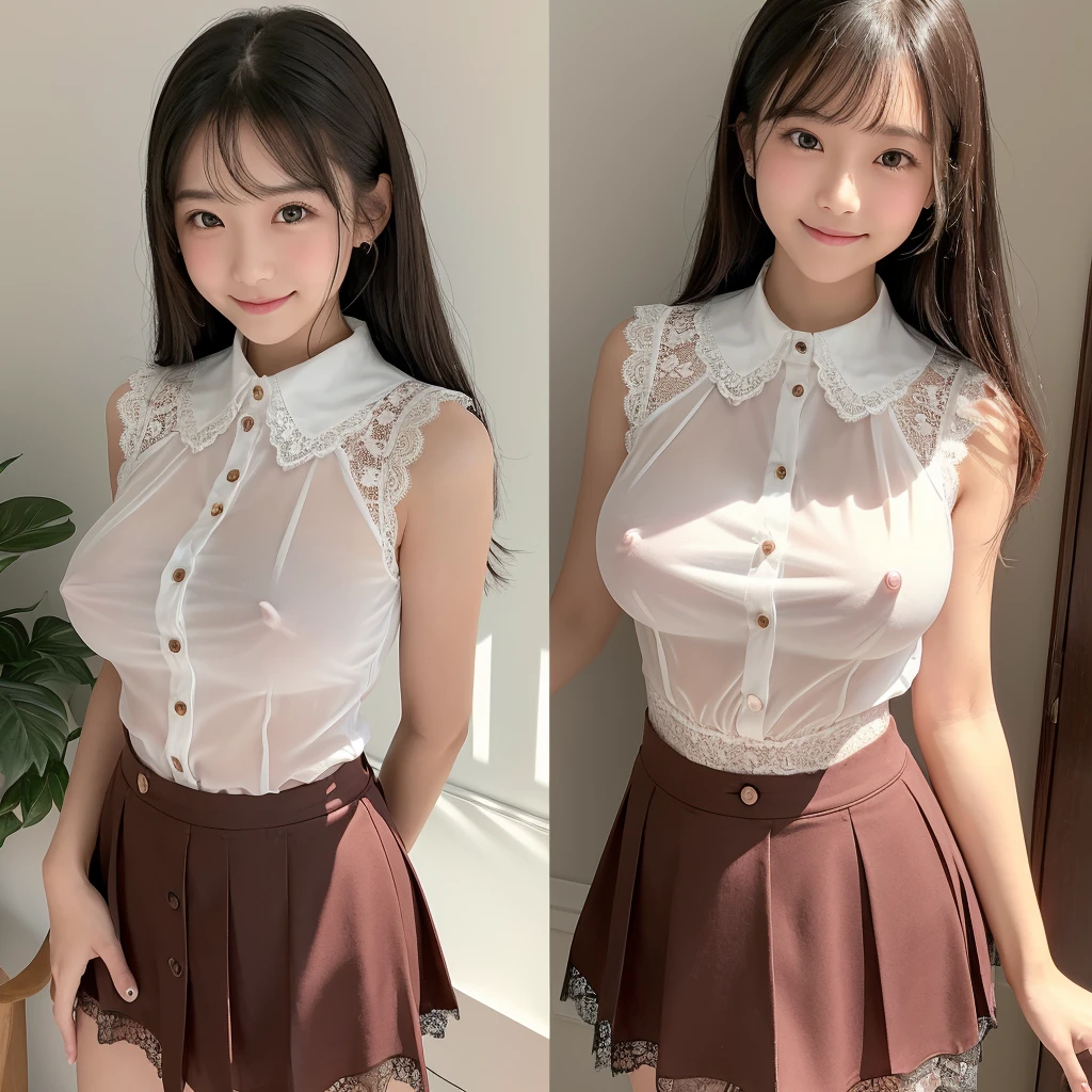 (high quality)、(high resolution)、Professional Lighting、Three -yeld gi、Three elementarce、Thin and beautiful legs、Narrow waist、(Big Breasts:1.5)、whole body、(smile:1.1)、(A classy, see-through, sleeveless, lace blouse with buttons and a collar:1.2)、(See-through lace mini skirt:1.2)、(Angle from below)、(Lifting her skirt to show off her panties:1.3)、(Erect nipples)