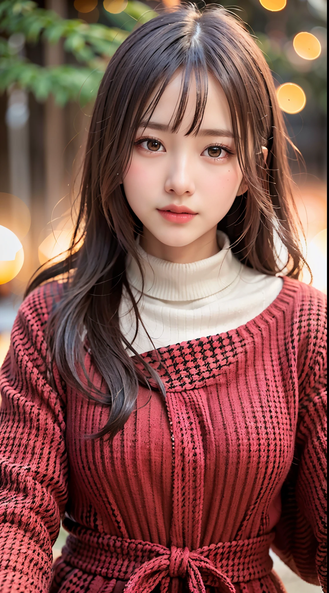 (Symmetric, Colorful geometric arabesque pattern composition, Flowers and bubbles), break, (One girl:1.3), (18-year-old), Very beautiful detailed face, Laugh shyly, Symmetric black eyes, Small breasts), break, (Red houndstooth coat:1.4), (Off-white turtleneck sweater dress:1.3), Dark brown hair, Half Up, (Beautiful Face:1.2), break, high quality, Realistic, Very detailed CG synthesis 8k wallpaper, Very detailed, High resolution raw color photos, Professional photography, Realistic portrait, Cinematic Light, Beautiful details, Super detailed, Attention to detail, (((Bokeh))), Depth of written boundary, illumination, Super stylish lighting