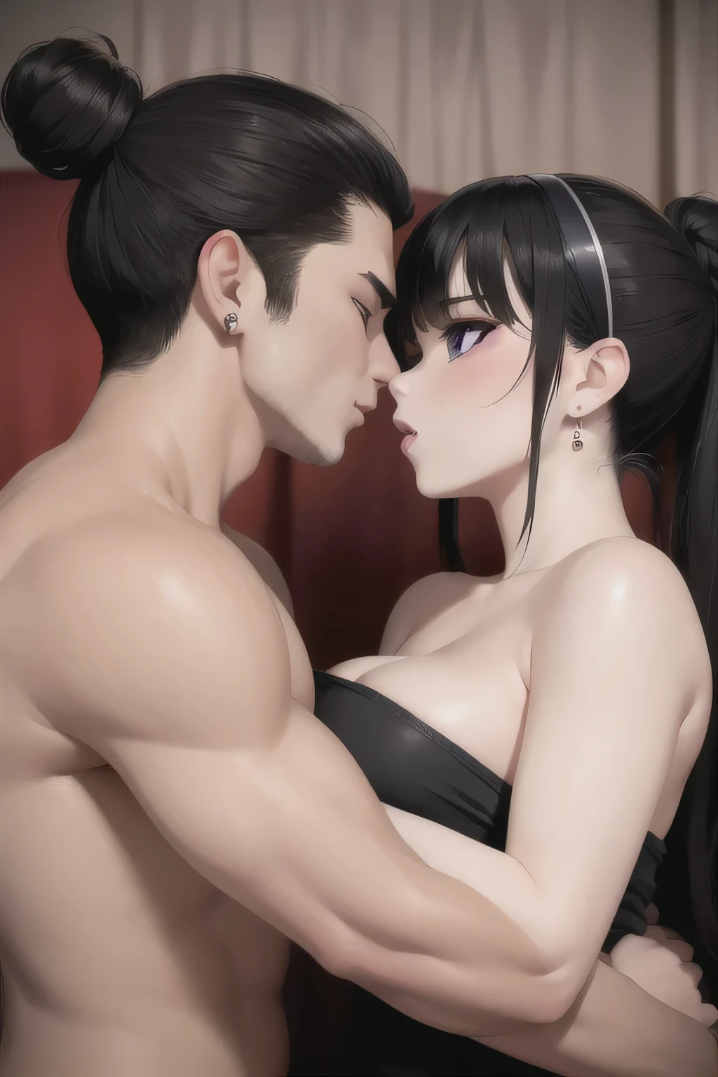 Amazing portrait of a sexy woman with her messy bun hair tied in a black hairband wearing alluring earrings and black v-neck t-shirt kissing and making out passionately with a shirtless boy on the bed in an intimate setting