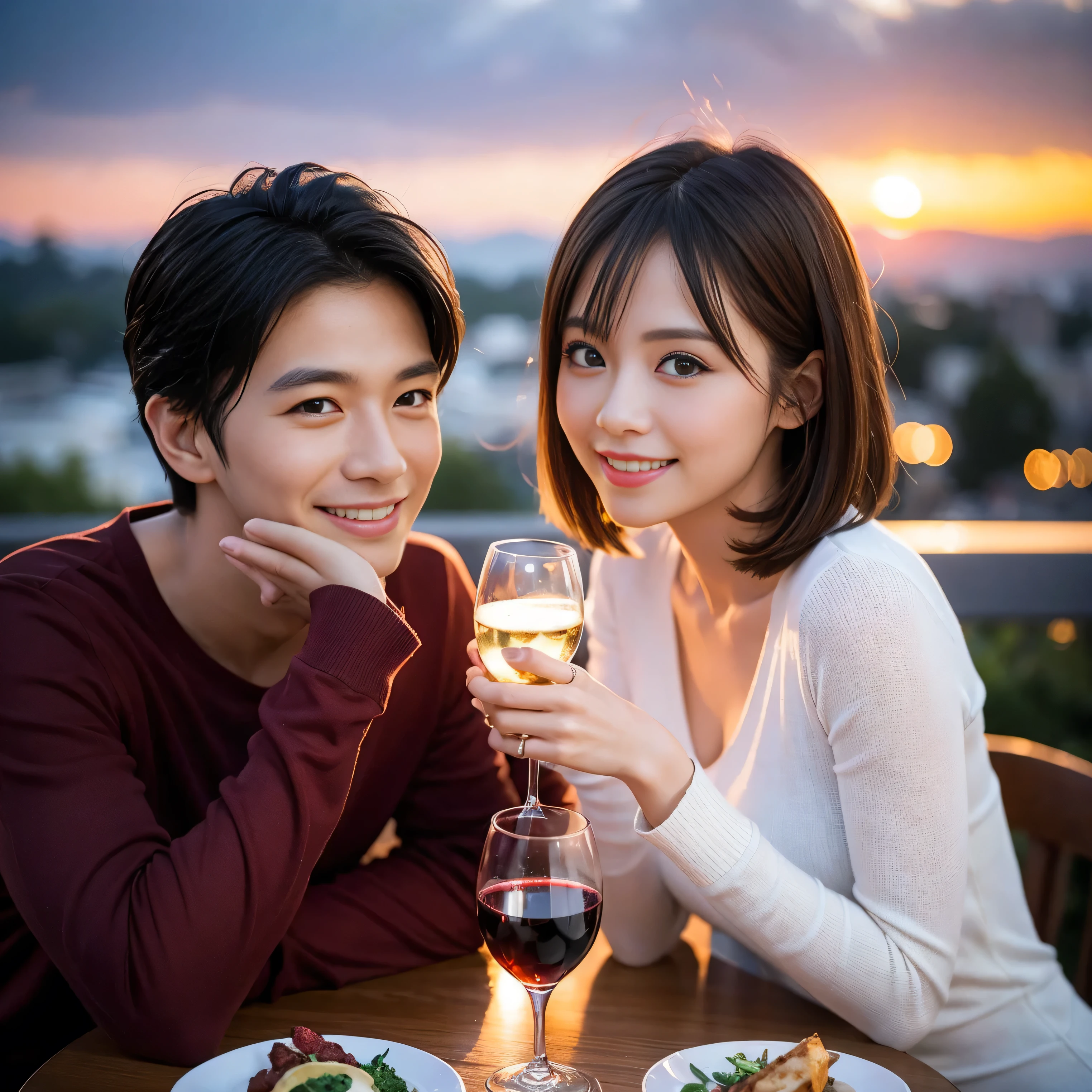 ((highest quality、8k、masterpiece:1.3))、 (Realistic, Real、Bright image、Intricate details:1.2), 1 male 1 female、Kimura Fumino-like beautiful couple、lover、couple、spouse、Beautiful couple、Happy smile、full-course dinner、 (Slim face), (Slim Body), (Brown Hair), (Short Hair), Wine glass on the table、Please put light on my face、 Amazing view of the sunset sky and clouds、 (Age 35), 39 years old, red wine 、Appetizers、Wine bottle、sparkling wine、Long sleeve shirt、dress、White wine, red wine, wine glass,