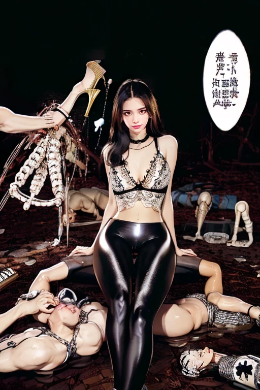 The beautiful girl in lace top and leggings is sitting astride a pile of skeletons in the center of the picture. She is holding a trembling sausage with juice squeezed out in her hand and smiling. There are multiple comic storyboards in the background，cbt, sausage bondage,sausage insertion,Sexy, trampling sausage with high heels heel,(masterpiece, best quality:1.2)，1 beautiful girl,sexy，comic storyboard:2, leggings, sit astride, axially symmetrical:2, ,femdom，sounding，cbt，hold，smile，colorful，leggings，thin gap，cameltoe，insertion，trembling，juice，spray， Long hair,Lace top,Sexy, Shiny leggings, High heel，cleveage, trampling, in forest, saliva , Mucus，