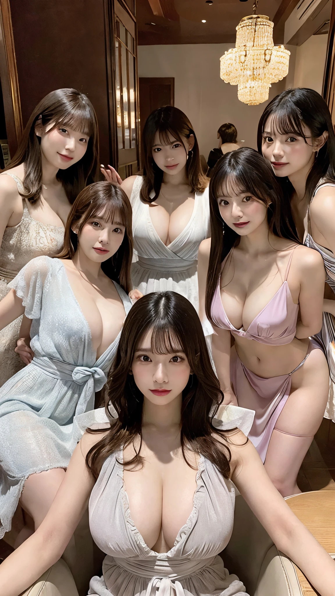 Drunk,sake,Flashy shop,Luxury sofa,Round table,sit,Hide your chest:2.0,Fold your arms in front of your chest:2.0,Big Breasts,Group of 7,Group photo,Bob,Wavy Hair,Colorful Dress Cleavage,Subjective,foot.Very attractive limbs,Glowing Skin,Shooting from below,Abdominal muscles,へそ
UHigh resolution,1080p,16k,4K,8k,Anatomically correct,最high quality,High resolution,Attention to detail,high quality,masterpiece ,Realistic,RAW Photos,solve,retina,Super detailed,Super detailed ,beautiful,White skin,.