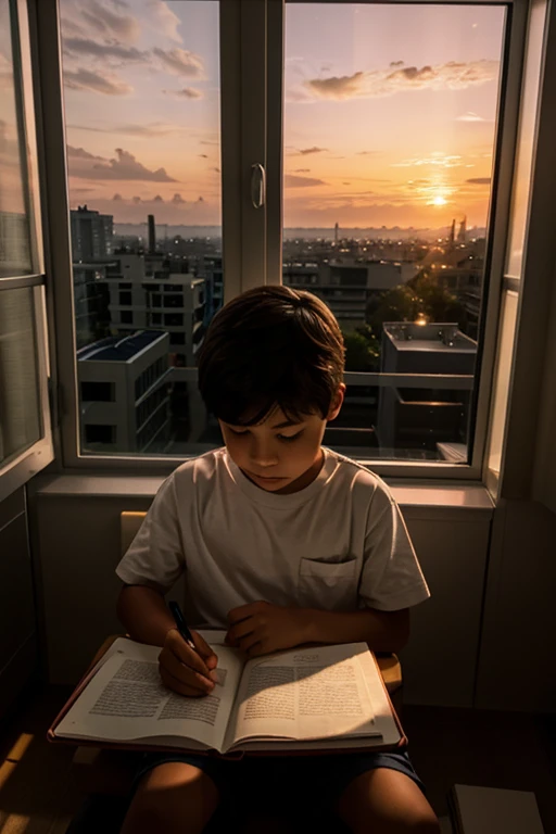 Boy studying against the backdrop of sunset outside the window, anime