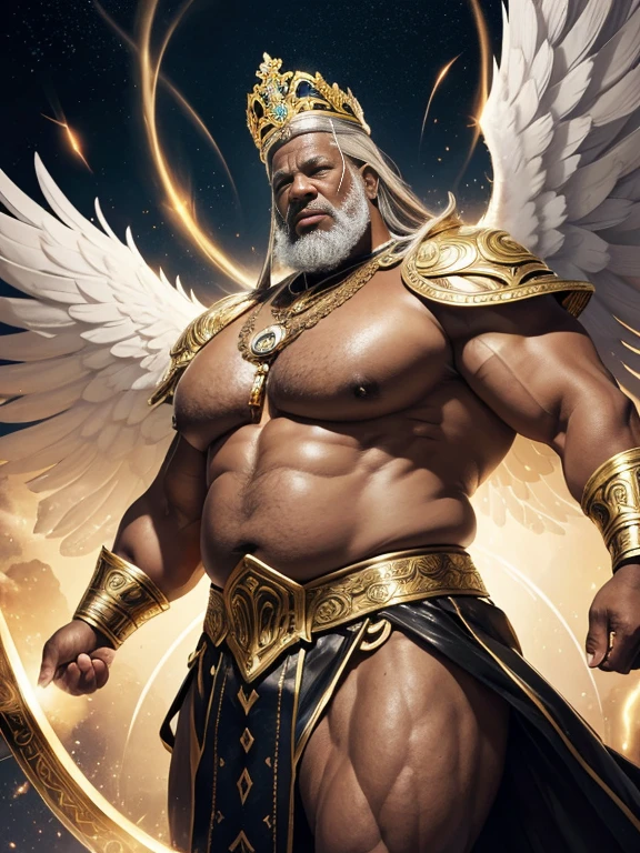 Hyperrealistic image of an elderly man over 79 years old, gray-haired Senegalese warrior archangel superhero with huge open white wings with a huge crown of gold and gems and a halo of light on his head super heavy and very fat very handsome bodybuilder with huge flabby pecs and very large and pointed nipples very sweaty jumping in the air in a sky of very white clouds wearing only a leather and gold Roman skirt