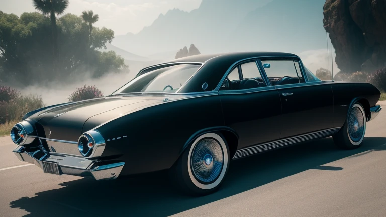 1960s luxury sedan, rear view, futuristic fantasy, epic sci-fi scene, intricate detailed design, glossy metallic body, glistening chrome accents, dramatic lighting, moody atmosphere, cinematic composition, photorealistic rendering, masterpiece, (best quality,8k,highres,masterpiece:1.2),ultra-detailed,(realistic,photorealistic,photo-realistic:1.37),cinematic lighting,dramatic shadows,volumetric fog,glowing energy field,gleaming chrome,aerodynamic body,intricate details,sleek and stylish