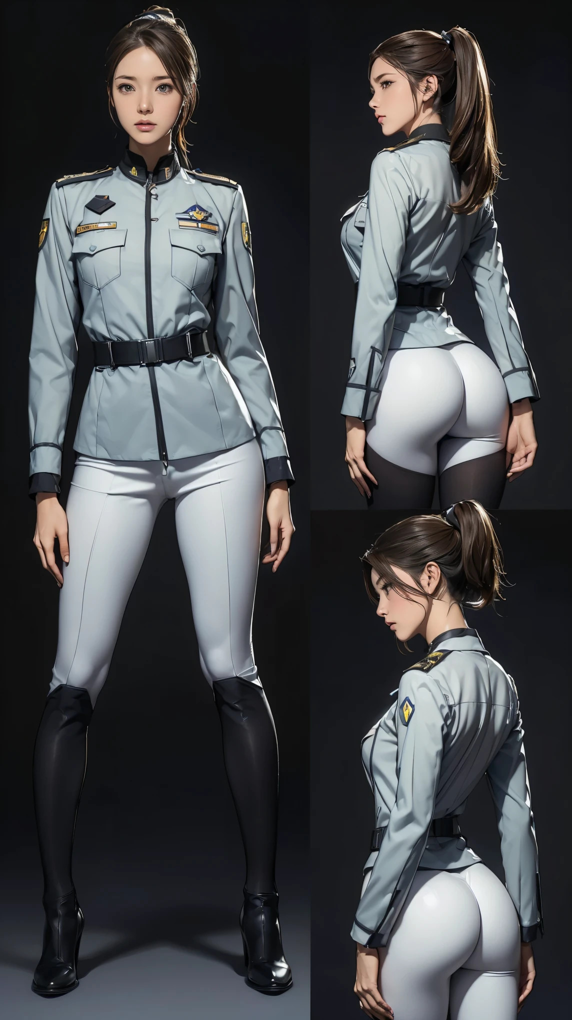 ((masterpiece)),(((Highest quality))),((Reference Sheet, Character Design, front, Rear view, Side view, color々Hairstyle, Facial Expressions)), , Cute type, (Very slim:1.4), (Very small ass:1.4), Realistic buttocks, Big Breasts, Short Bob, Thin thighs, Long legs, (A female Earth Federation officer is walking), (Wearing Earth Federation military uniform, Black and green uniform),(To NFSW:1.3)