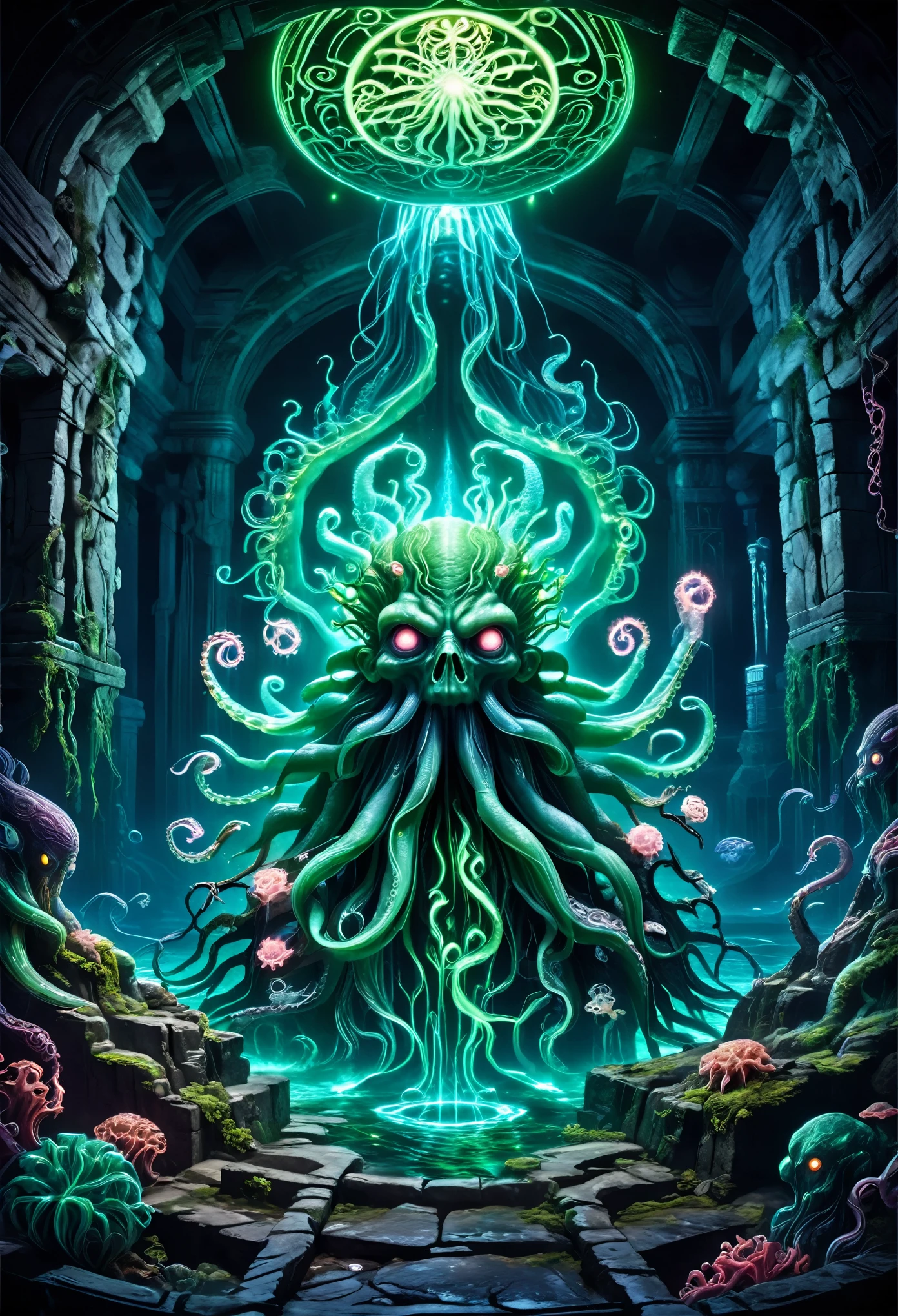 Illustration of Cthulhu, an evil god, (Six eyes, Countless tentacles), Tentacles spread in all directions, Intricate intertwining tentacles, neon holography transparent Cthulhu, Dignity of a last boss, Overwhelming presence, dark fantasy, (Ancient ruins sunk to the bottom of the sea), elaborately painted face, glowing details, intricate detail rendering, paint wildly:1.5, 3D rendering, Octane render, breathtakingly beautiful CG