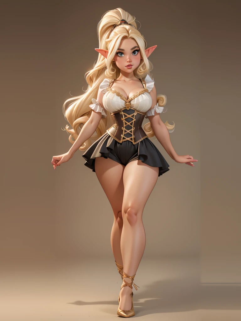a beautiful and youthful-looking elf of 200+ years. She often sports white-blonde hair in heavily defined ringlets with high pony. In body, she has a curvy figure with small breasts, wide hips and shapely legs. Her eyes are a light reddish-brown and she sported the signature pointy ears, customary of all elf kind. She sported black shorts and frilled stockings that ran up to the mid-thigh. In addition to this, she wore gold-colored bands around her forearms and her top was of a small red and white corset