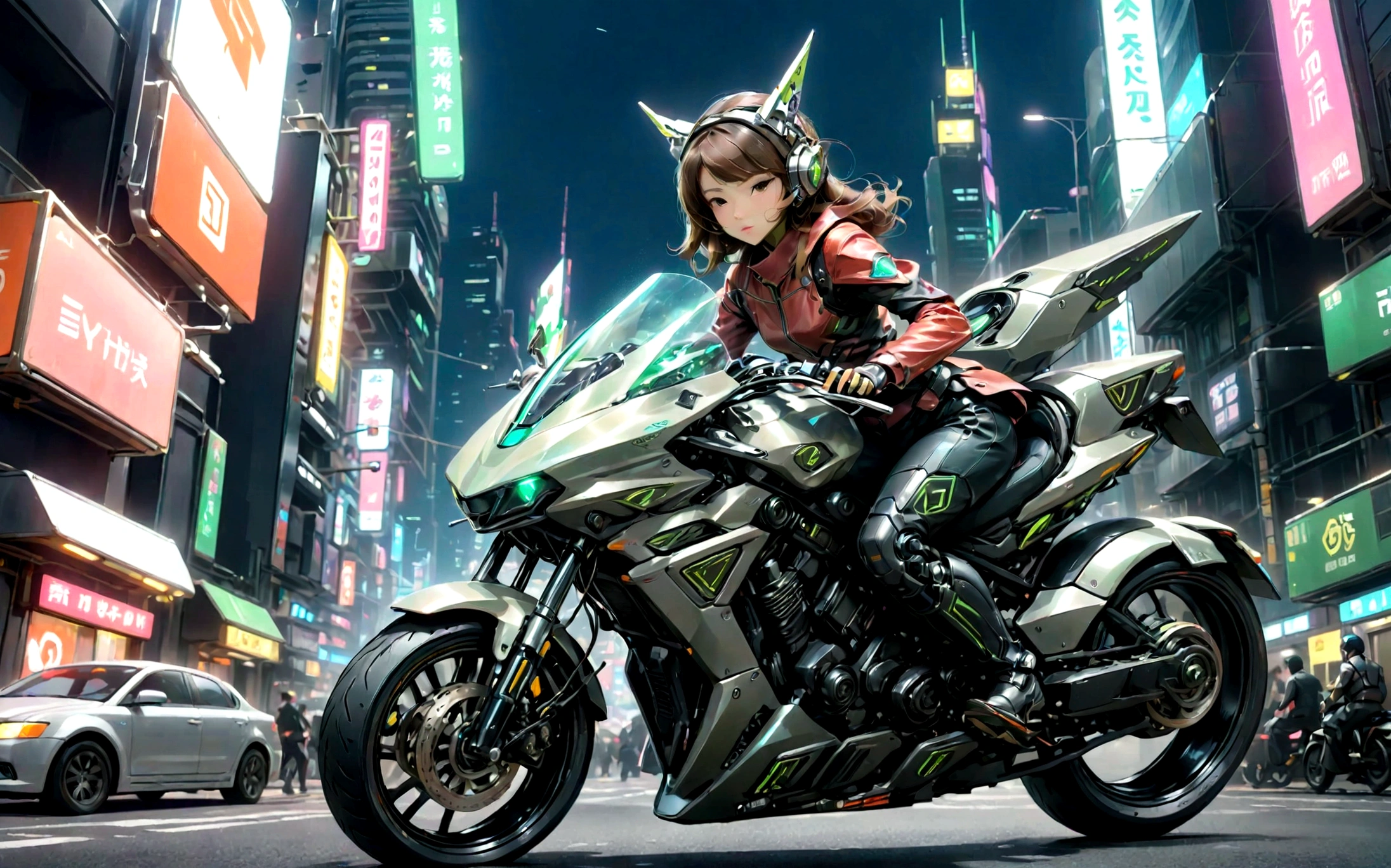 Angle from the front, action, Great composition, A beautiful woman wearing a rider suit and riding a big bike、No helmet、cyber punk、A futuristic city at night with only skyscrapers、A depiction that gives a sense of speed、Dynamic Movement