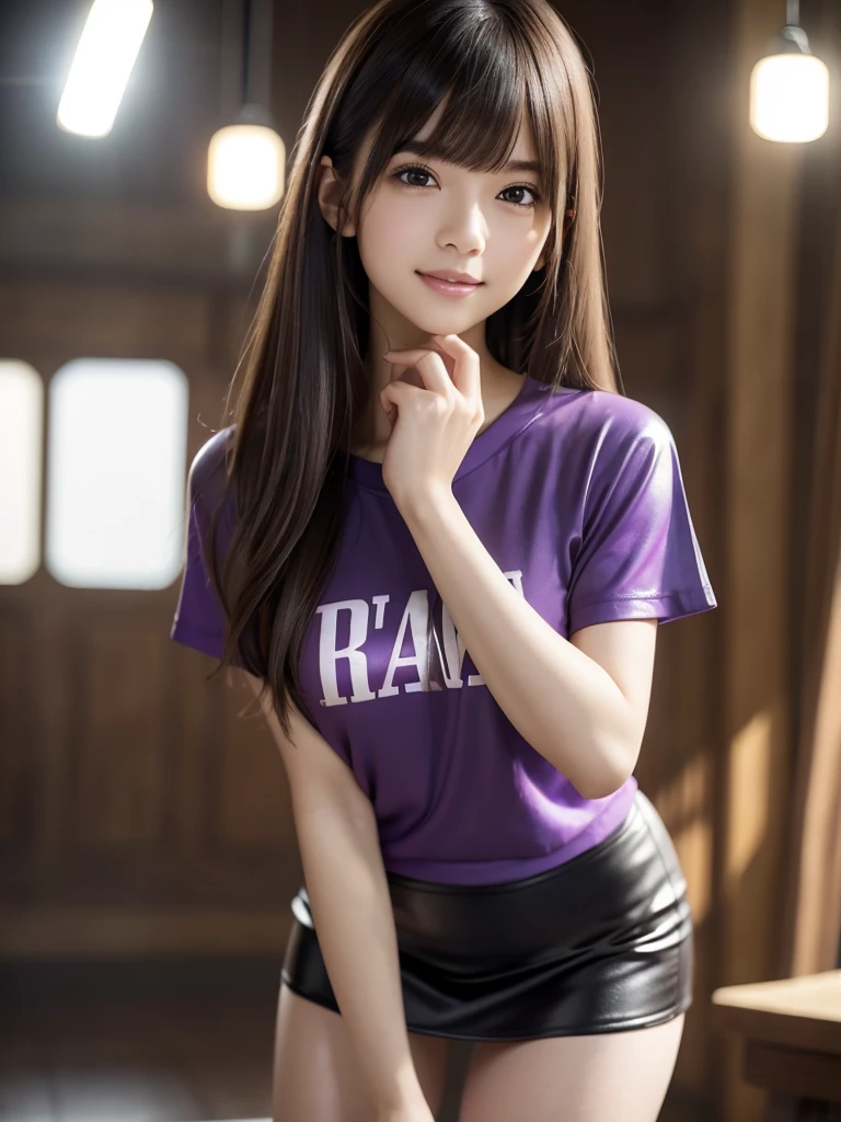 (8k, RAW Photos, highest quality, Tabletop:1.2), (Realistic, Photorealistic:1.4), (Highly detailed 8k wallpaper), Sharp focus, Depth of written boundary, Blur the background, Bokeh, Cinema Lighting, Soft Light, whole body, 1 girl,18 years old famous Japanese idol, Perfect female body, indoor, (Purple T-shirt and black leather micro mini skirt : 1.3), (Long, slender legs), (smile), Glossy lips, Beautiful fine details,Natural Makeup, Shiny and smooth light brown long bob hair, Asymmetrical bangs, Shiny skin, Center image, High resolution, Attention to detail, Detailed hairstyle, Detailed face, 素晴らしいCinema Lighting, Octane Rendering, Vibrant, Ultra-realistic, Perfect limbs, Perfect Anatomy