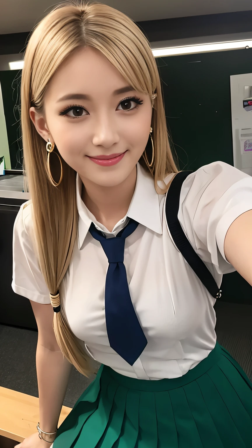 Close-up of one woman、A 35mm masterpiece, whole body, One girl, Kitagawa_Marine, chest, blonde_hair, skirt, cleainage, One person in, length_hair, tie, shirt, Earrings, low claineage show of half breast, School_uniform, Looking_in_iniewer, big_chest, show of half chest, Front hair, ear_Earrings, white_shirt, Selfie, Red noodles, red_eyes, pleined_skirt, smile, Sitting, collared_shirt, in, earrings, fix, jewelry, clavicle, Closed_m outside h, pink_nails, :q, machine, in_oiner_eye, green_skirt, barbell_Earrings, nail_Grinding, length_sleeines, multicolored_hair, black_tie, fingernails, Industrial_Earrings