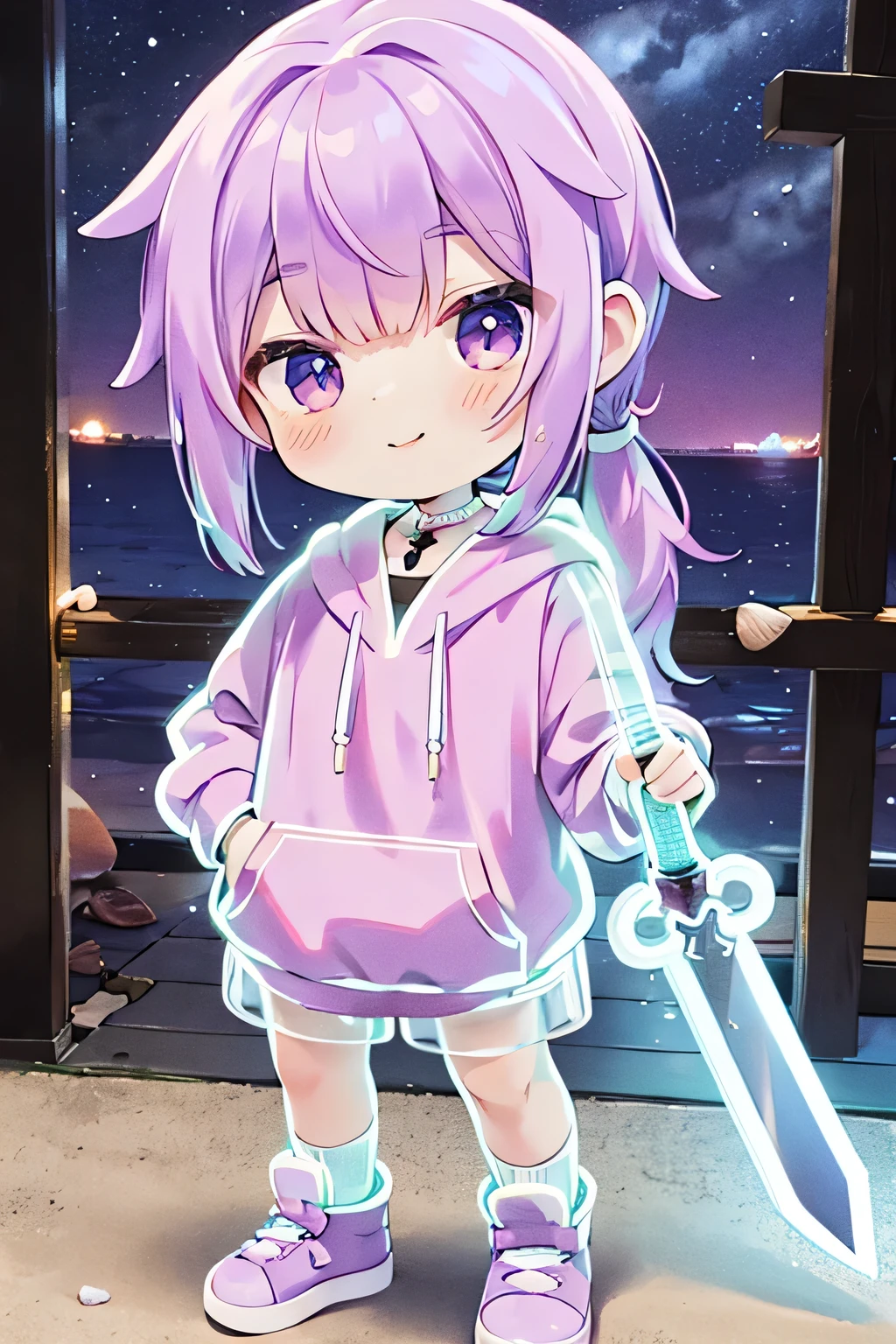 Realistic、whole body、Chibi Musume、Short side ponytail、Pastel purple hair、Seashell Accessories、Purple hoodie、smile、Cute Shoes、Collecting shells at night、Neon light clothes,Holding a sword