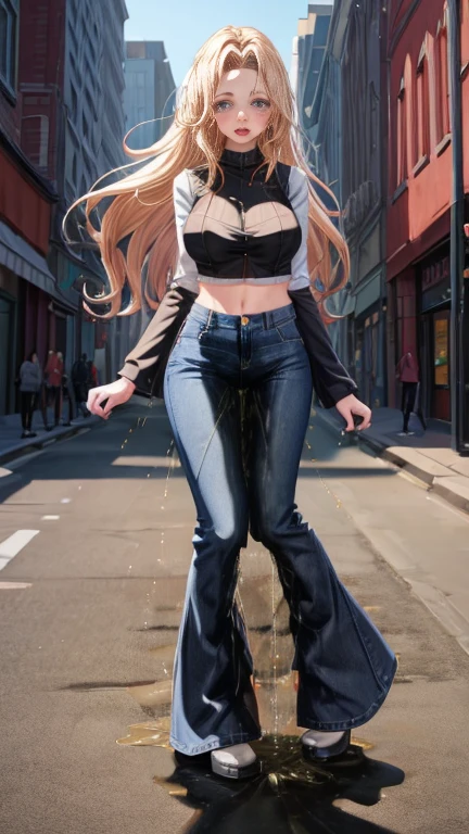 best quality, highres, 8k, masterpiece, immersive atmosphere, chiaroscuro:(1.5, bright light:1.2, luminous lighting), blurring, (background blur:1.5),
(dynamic angle), outdoors, downtown, (legs focus, full body:1.5), delicate features, (beautiful face, beautiful eyes, beautiful legs), not safe for work, (opaque:1.5), high contrast, (peeing self:1.7), wetting herself, (pee stain:1.5), peeing herself, (urination:1.5),
1girl, (solo), 20 years old, white skin, blue eyes, blonde hair, straight hair, very long hair, forehead, bright lips, blush, scared, panicking, open mouth, looking at viewer, (slender figure:1.1), (denim croptop:1.2), sleeveless, cleavage, large breast, (hard nipples), navel, (hands between legs:1.4), (blue jeans:1.4, super wide flares pants:1.2), (black heels:1.2), (knees together feet apart:1.4)