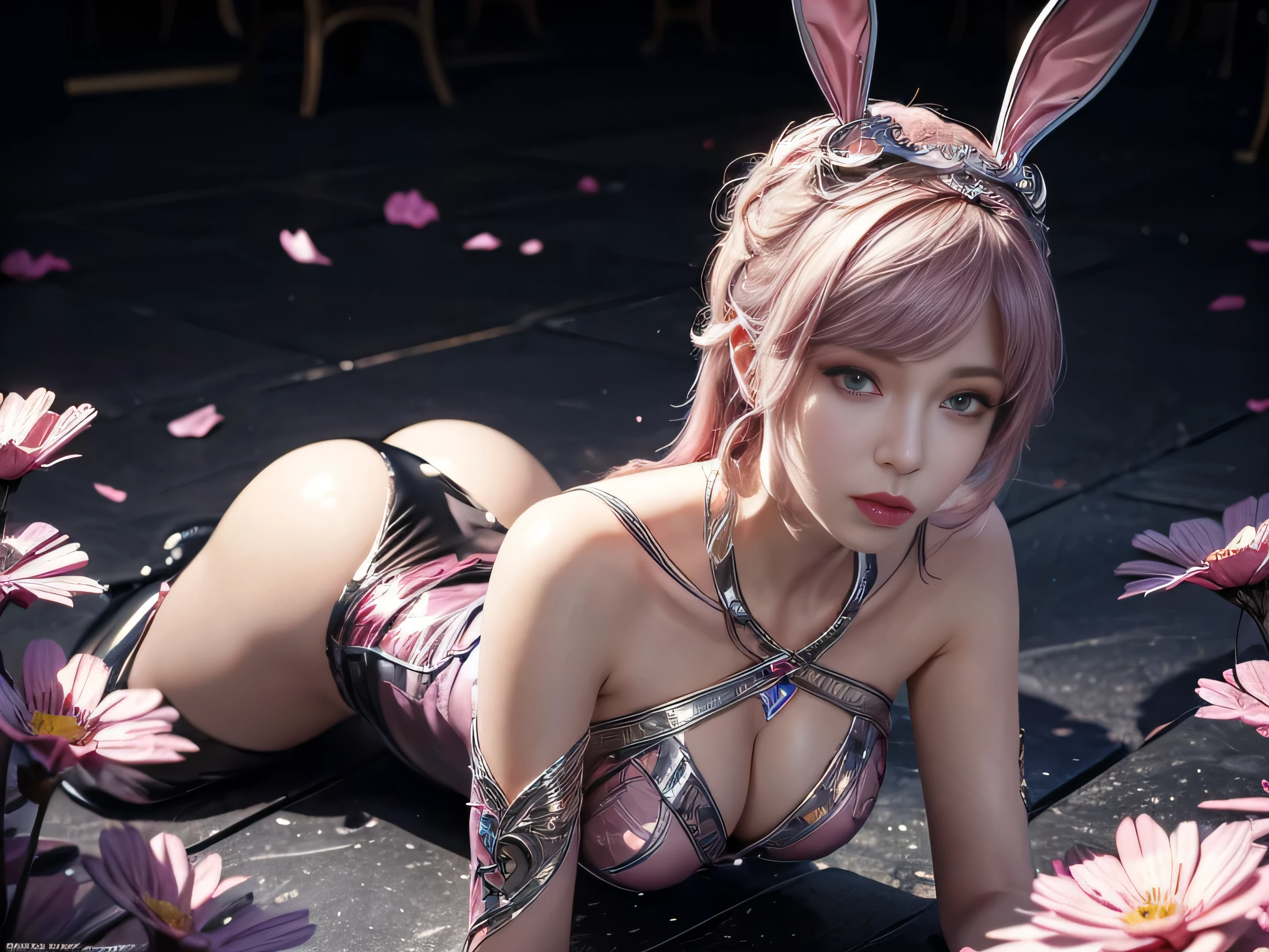 (Best Quality, 8K, Masterpiece, HDR, Soft Lighting, Picture Perfect, Realistic, Vivid), Bunny Girl (1.0), Bunny Girl with Pink Hair and Sexy Skimpy Clothes, pink bodysuit with glitter texture, Beautiful anime fantasy, Very beautiful and cute bunny girl, rain of pink flower petals, background blur, anime fantasy, work in Gouves style, realistic: 1.37, top view, lying in pink flowers, horizontal view, (Ultra High Quality Fantasy Art), Masterpiece, Female Model, Ultra High Quality Female Character Designs, Detailed 8k Anime Art, Realistic Anime Art, Highest Quality Wallpapers, Intricate Ultra High Quality Accurate Female Characters Faces, High Quality Designs and Accurate Physics (Fantasy- ultra-high quality art), dark fantasy style), masterpieces, super high quality characters, anime resolution - 8K, realistic anime art, wallpapers with the highest quality illustrations, ultra-high facial detail, high-quality design and accurate physics), color, depth of field, shadows, ray tracing, high quality workmanship. -high-quality computer wallpapers and 8K resolution, (Accurate simulation of the interaction of light and materials)], [High-quality hair detail [More about beautiful and shiny white hair]], (Beautifully detailed hands [perfect fingers [Perfect nails]]]]]], (perfect anatomy (perfect proportions)))) [[Full-length]], [Perfect combination of colors (Accurate imitation of the interaction of light and material)], [art that conveys the meaning of history]