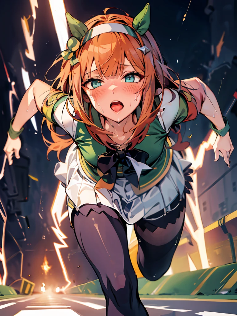 Best image quality、High resolution、masterpiece、super high quality、Arena、Run、颯爽とRun、Sweaty、Very short pleated skirt、Heavy breathing、Blushing、4K quality、Black Pantyhose、Open your mouth wide、もの凄い勢いでRun