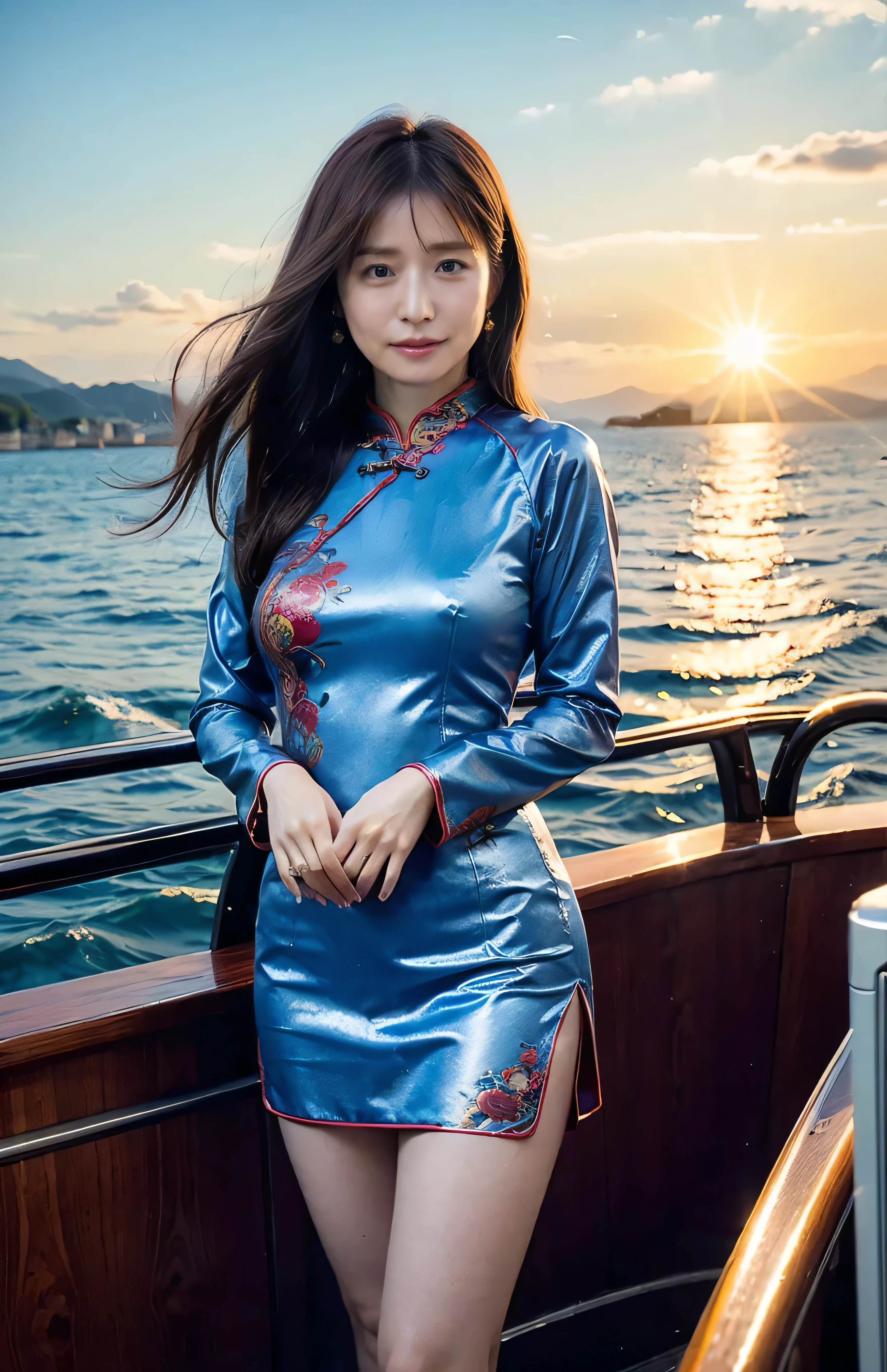 The sky turns red、Hair swaying in the wind、China at night、((hair ornaments:1.5)).A gorgeous gold embroidered cheongsam、hair ornaments、Tie your hair elegantly、Gorgeous silk cheongsam、((Standing on a boat and posing sexy、A luxurious and shiny embroidered cheongsam:1.4)).A luxurious and shiny silk cheongsam、A luxurious blue cheongsam with embroidery、Woman standing on a boat、Light brown hair、Elegant hairstyle、Blue Eyed Woman、A woman with a cute upward gaze、When the sky gets dark、The gentle light of the ship shines、The sky turns red as the sun sets、Tight clothing that shows your body lines、、Elegant navy blue summer knit、Elegant black summer sweater、Short skirt、Dress elegantly着こなす、Luxury Bagedium Shorthair:1.4))、Skyscrapers seen across the sea、Manhattan 私sland is visible offshore、Woman on a sightseeing boat、、The sun shines on her、Light brown hair、Light brown hair、The sky was dyed red、There are clouds、private's cute、An elegantly dressed woman is sitting on a boat and watching the sunset、Her ample breasts are obvious even through her clothes..、The shining sun is so beautiful、Dusk is approaching、Lens flare、I can see the sunset、((Sunlight reflecting off the ocean、Ocean View、The sun shines on the sea、'beautiful.、Small earrings、private'evening、Birds are also flying、、Brown Hair Color、Tying up hair、The woman is on the right:1.4))、Luxury Leather Belts、Shiny clothes、Light beige hair color、Background Blur、Braid only the front hair、Light brown hair、{{Cowgirl Shot}}、((Close-up shot from the waist up、Ample breasts:1.4))、Smile、Silk clothing、Ample breasts that can be seen even through clothes、Braid only the front hair、Cowboy Shot、Gorgeous white collared silk shirt and brown skirt、Dress elegantly、Luxury Bags、A lovely smile、((Ample breasts))、Full body photo、ring、Short skirt、Tuck your hair behind one ear、Silver Necklace、smile、 Elegant ponytail、Caustics、Highly detailed photos、Very beautiful and ideal short hair、Super no makeup、(8k、RAW Photos、highest quality、masterpiece:1.2)、(Realistic、Realistic)、1 girl、((Medium Short Hair、Looking into the camera:1.4))、Hair blowing in the wind