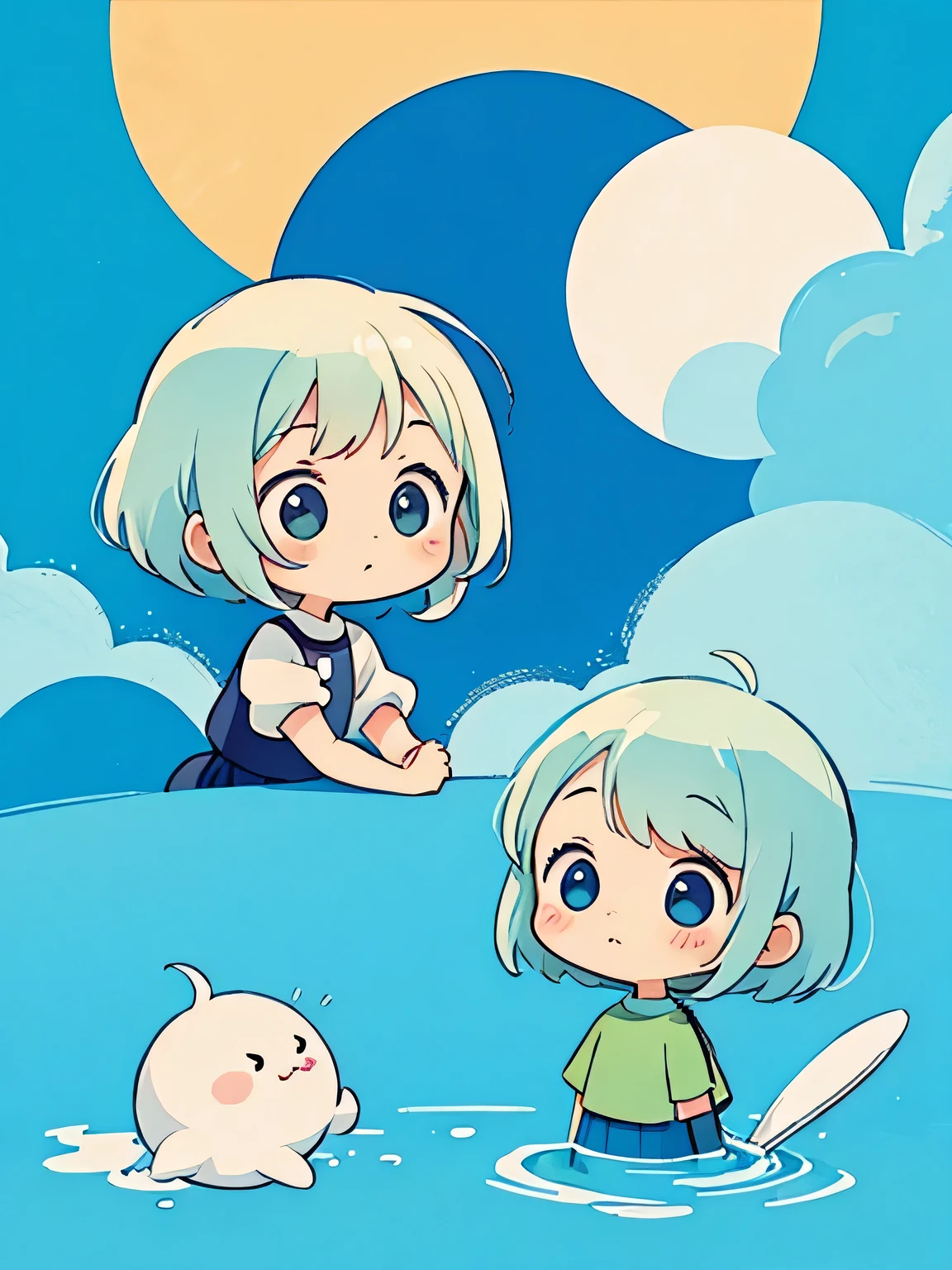 Tove Jansson　style, Kawaii Design, The most beautiful girl of all time、chibi, Moon
