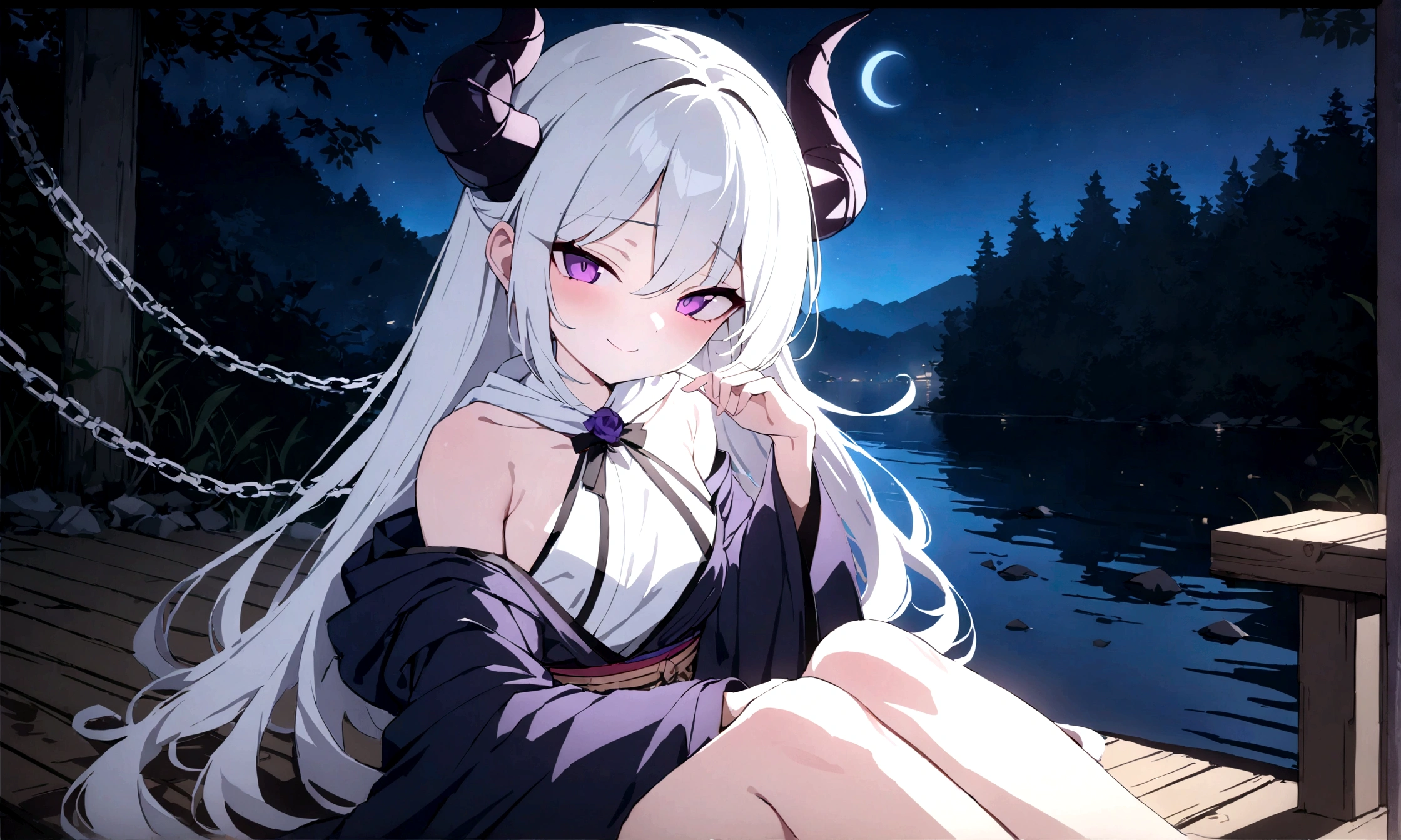 a beautiful girl, long white (tied) hair, white furisode, small but long black horn, purple demon eyes, sitting on the edge of a dock by a forest lake, gazing at the viewer with enticing hooded eyes, sadistic smile, chains glowing around her in the moonlit night, (best quality,4k,8k,highres,masterpiece:1.2)