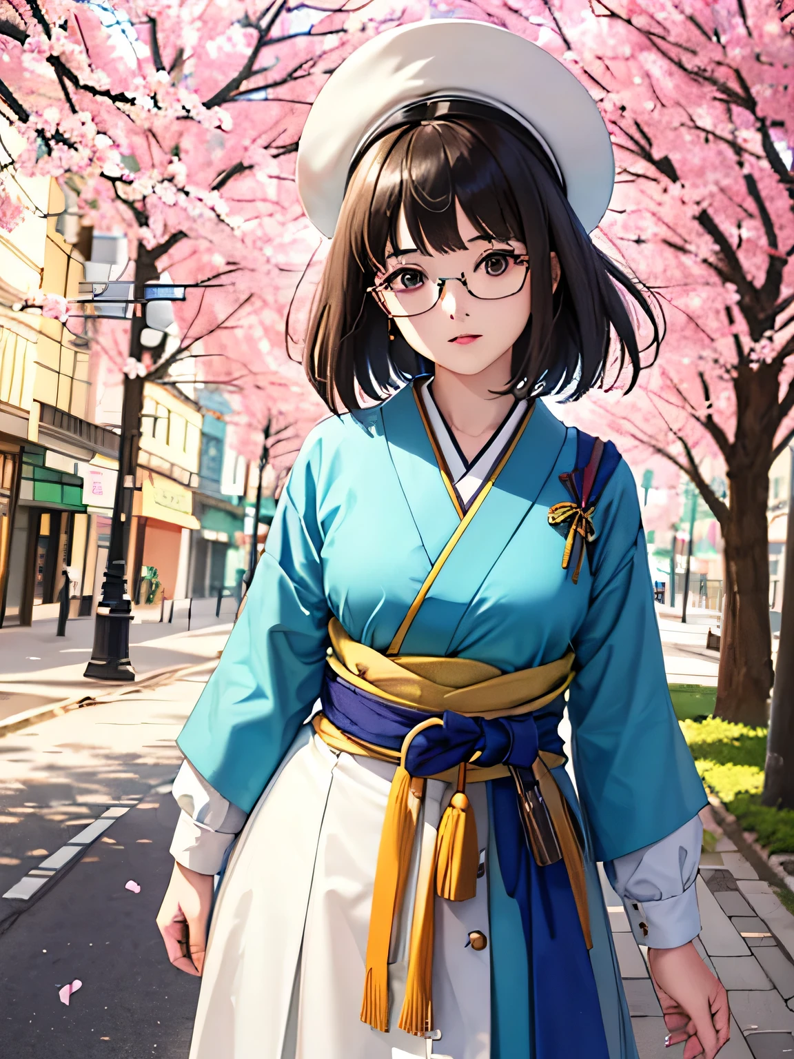 8K quality, watercolor painting, stylish design, (((The strongest beautiful girl of all time))), (((Japanese)))、AKB48、stylish glasses, Fashionable hats, (((highest quality))), bob hair, HDR, ((Detailed details)), sexy clothes, detailed clothing texture, (((spring street corner))), colorful hair, ((masterpiece))、((Super detailed))、colorful flowers、