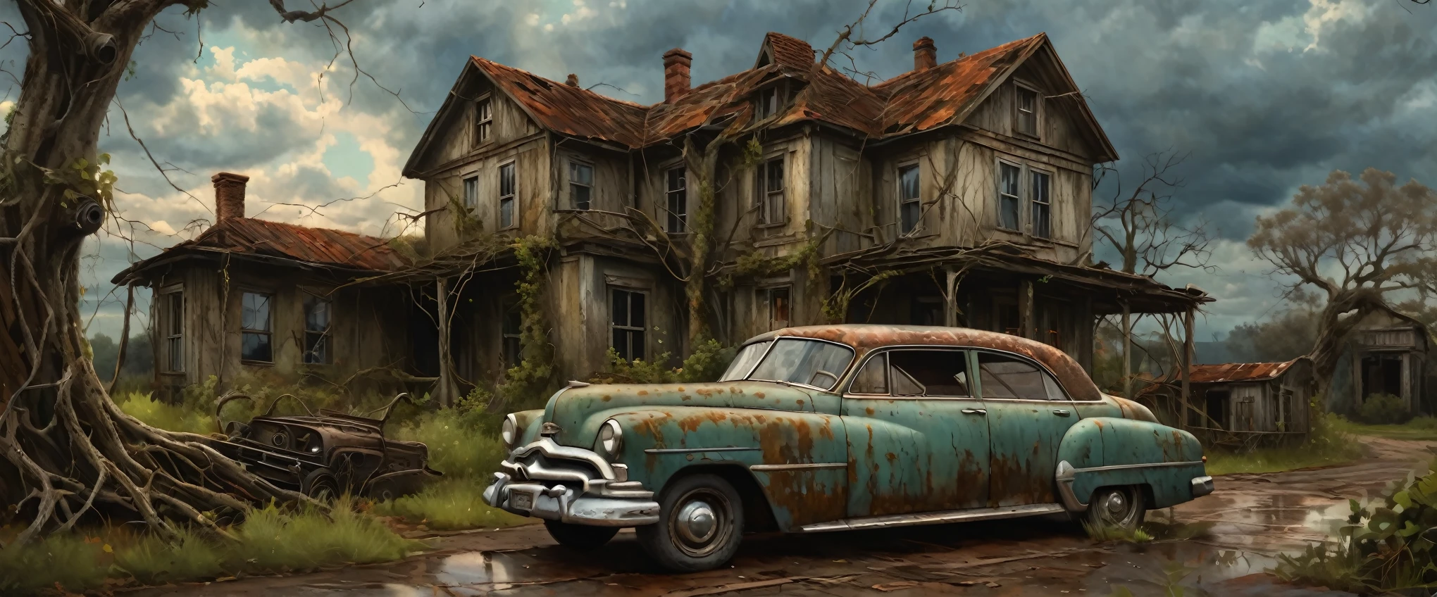 A weathered old house, overgrown with vines, a rusted vintage car parked in the driveway, a gnarled dead tree standing in the foreground, dramatic cloudy sky, cinematic lighting, muted earthy tones, high detail, photorealistic