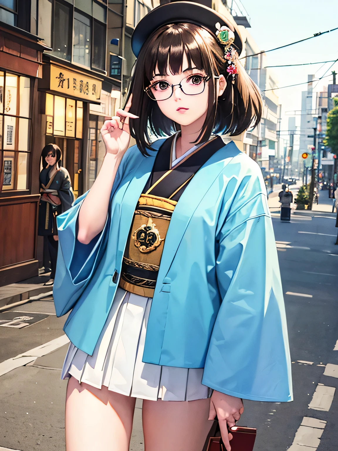 8K quality, watercolor painting, stylish design, (((The strongest beautiful girl of all time))), (((Japanese)))、AKB48、stylish glasses, Fashionable hats, (((highest quality))), bob hair, HDR, ((Detailed details)), sexy clothes, detailed clothing texture, (((spring street corner))), colorful hair, ((masterpiece))、((Super detailed))、colorful flowers、