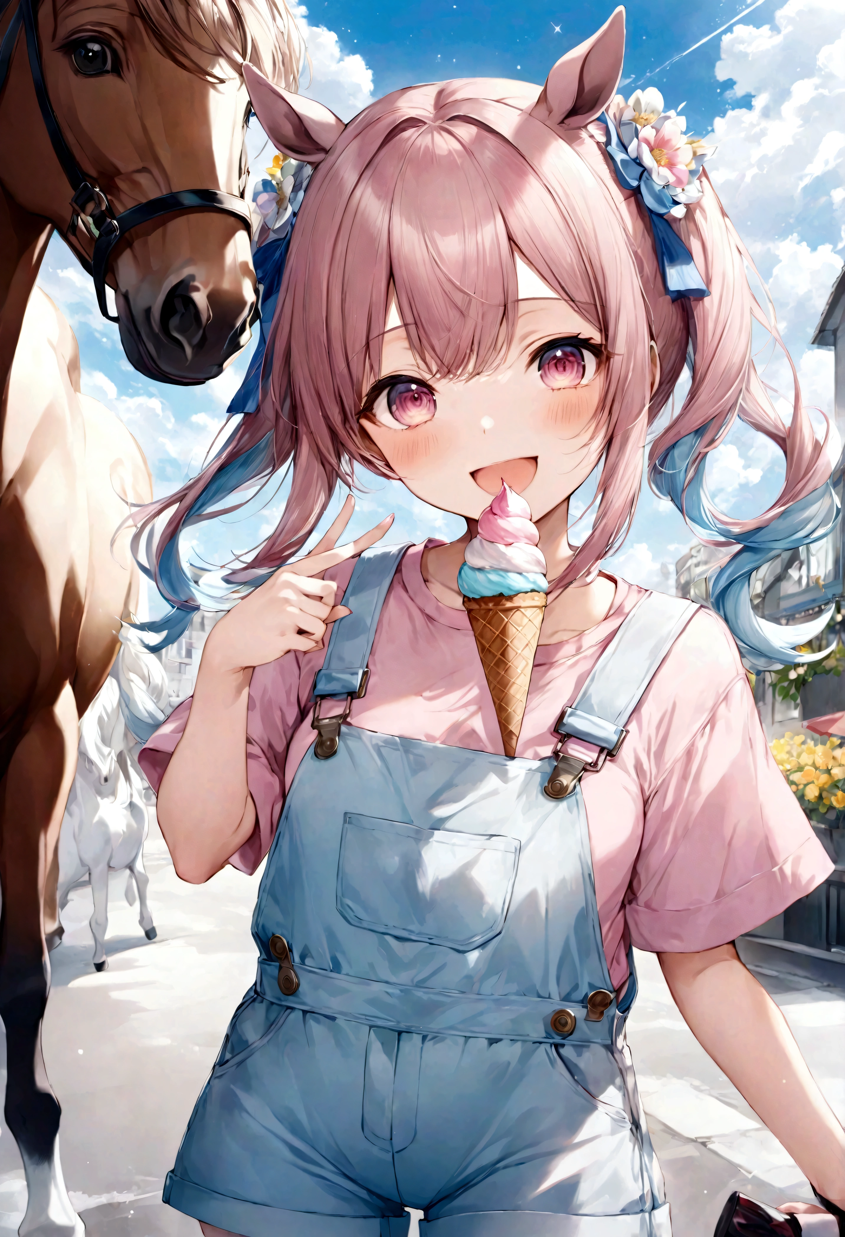 masterpiece、highest quality、1girl、solo、Haruurara、Oversized Overall Shorts、Pink Shirt、ice cream cone、Horse tail accessories(0.6)、Open-mouthed and smiling broadly、Surrounded by a cloudy background、Flower-shaped pupils sparkle。