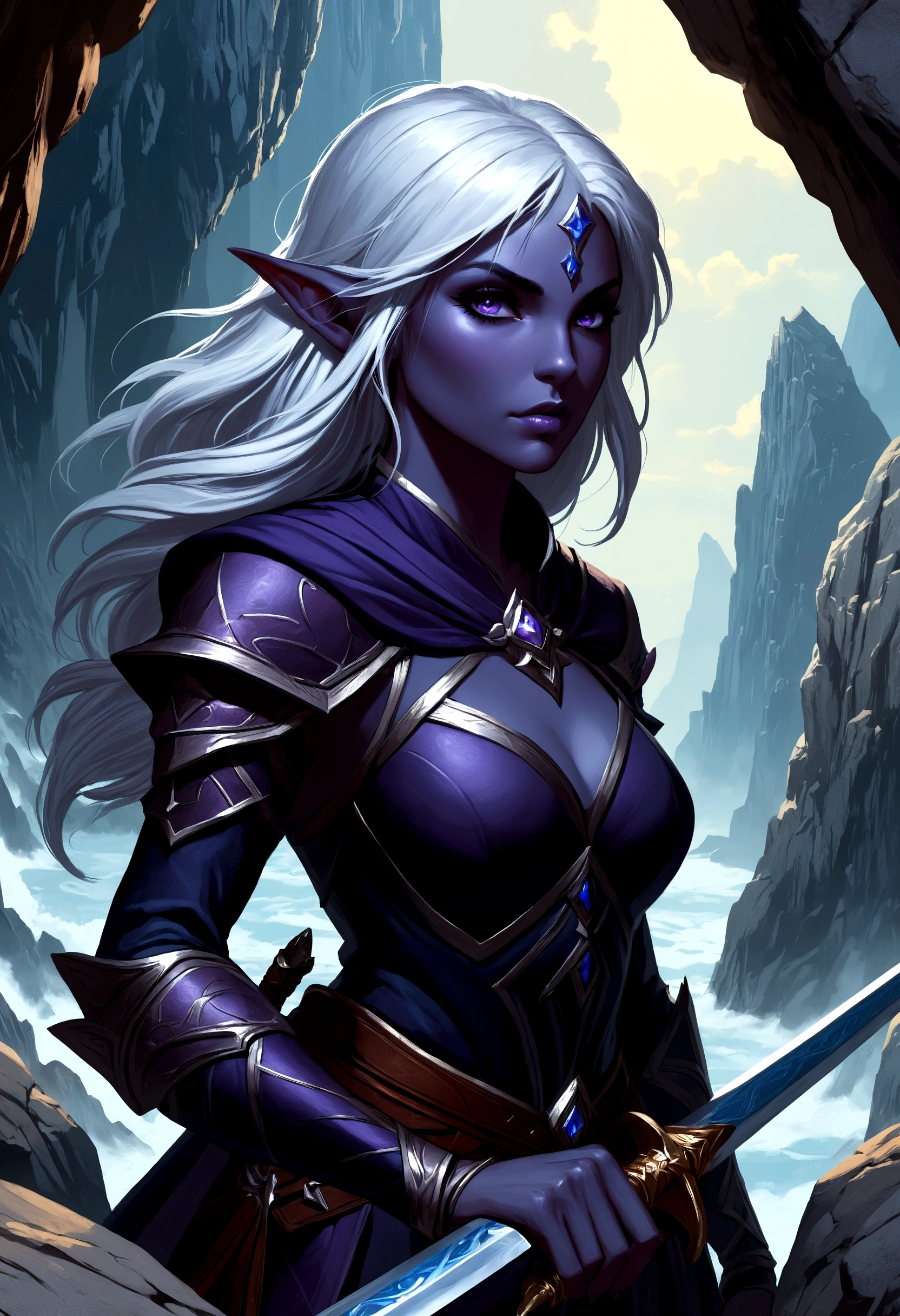 Close-up of a woman holding a sword near the rocks,climb岩，climb， Noah Bradley (Noah Bradley) Inspiring Portraits,Dark Elves，Drow，Dungeons &amp; Dragons，Magic Game，magic