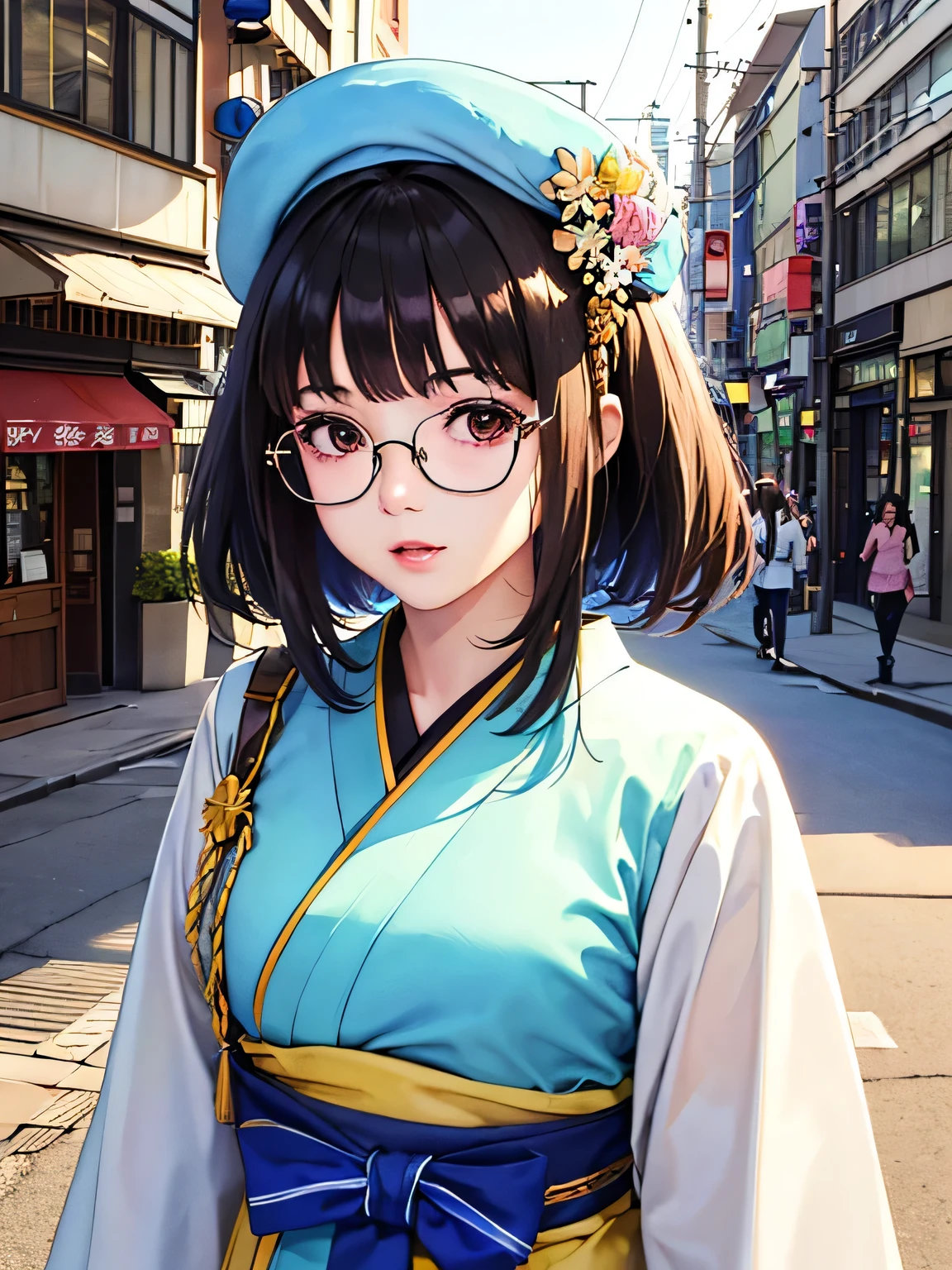 8K quality, watercolor painting, stylish design, (((The strongest beautiful girl of all time))), (((Japanese)))、AKB48、stylish glasses, Fashionable hats, (((highest quality))), bob hair, HDR, ((Detailed details)), sexy clothes, detailed clothing texture, (((spring street corner))), colorful hair, ((masterpiece))、((Super detailed))、colorful flowers、