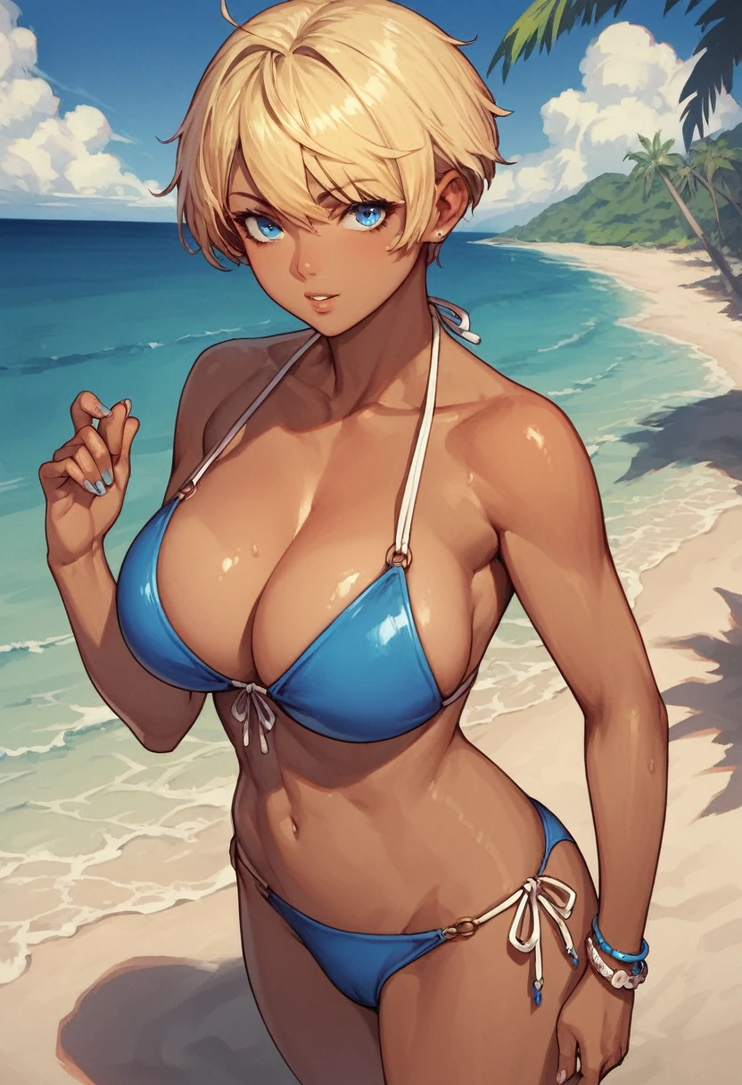 score_9, score_8_up, solo, source_anime, 1girl, (dark skin, blonde hair, short hair, blue eyes ), large breasts, cleavage, blue bikini, beach, standing, bottomless, (woman with penis, testicle)