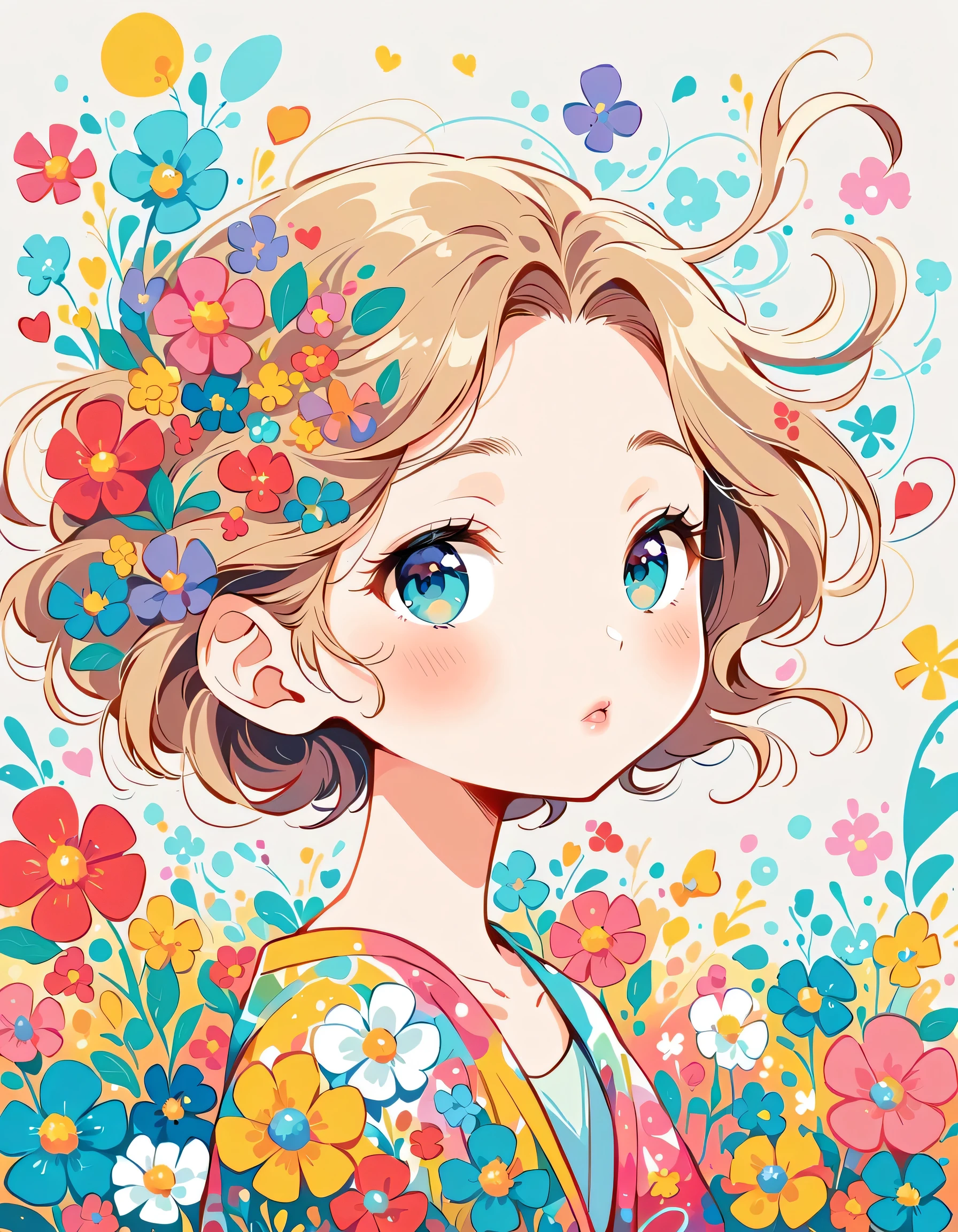Takashi Murakami style、The most beautiful girl of all time、Lips in Love、Colorful flowers、Simple line initials、Abstract art、Urban Background,