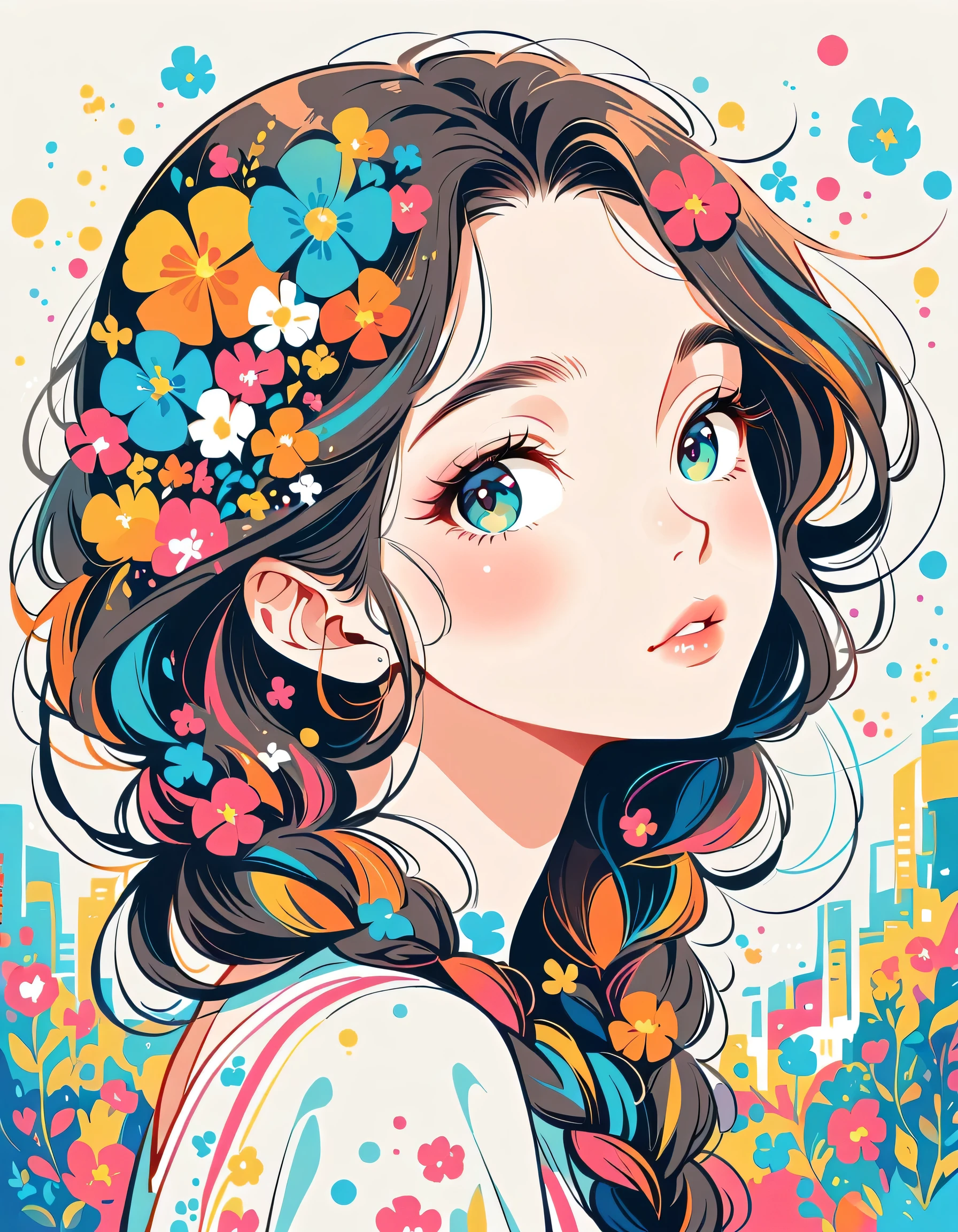 Takashi Murakami style、The most beautiful girl of all time、Lips in Love、Colorful flowers、Simple line initials、Abstract art、Urban Background,