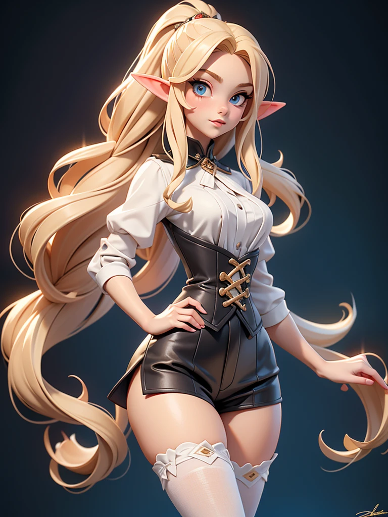 a beautiful and youthful-looking elf of 200+ years. She often sports white-blonde hair in heavily defined ringlets with high pony. In body, she has a curvy figure with small breasts, wide hips and shapely legs. Her eyes are a light reddish-brown and she sported the signature pointy ears, customary of all elf kind. She sported black shorts and frilled stockings that ran up to the mid-thigh. In addition to this, she wore gold-colored bands around her forearms and her top was of a small red and white corset 