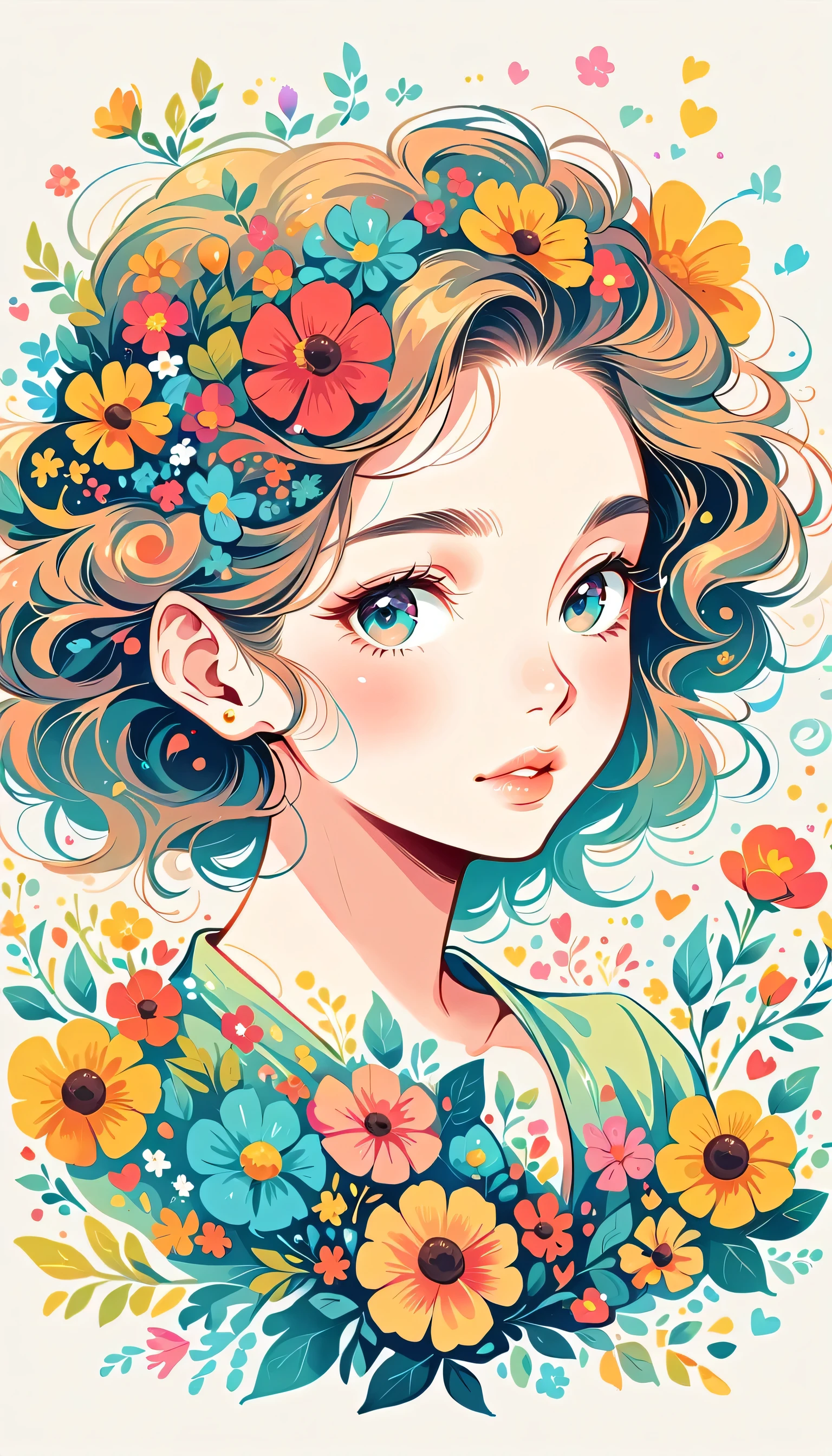Takashi Murakami style、The most beautiful girl of all time、Lips in Love、Colorful flowers、Simple line initials、Abstract art、Urban Background,