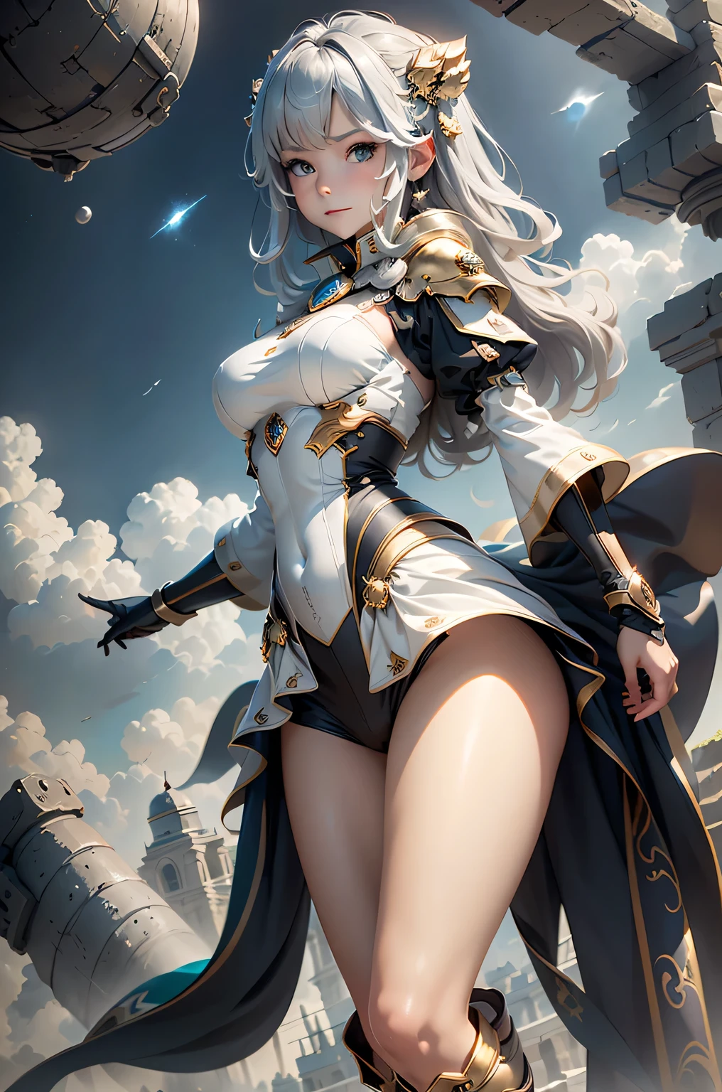 (masterpiece, best quality, dutch angle)(1girl, solo)(medium breasts, white hair, aqua eyes)(smile, floating hair, from behind)(universe、Milky Way、The moon looks close)
