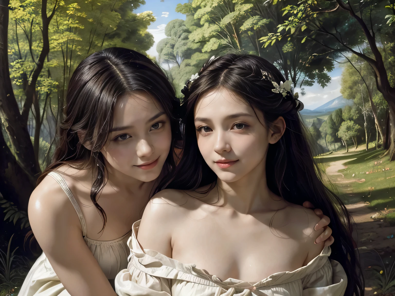 Giorgione painting style,Barbizon forest A beautiful woman in Greek dress smiles on the shore,Sweet and seductive appearance.、Caravaggio's paintings、Chiaroscuro of Caravaggio、hair tousled by the wind,Two women frolicking,cute smile, expression of ecstasy,Sexy,erotic, full body portrait
