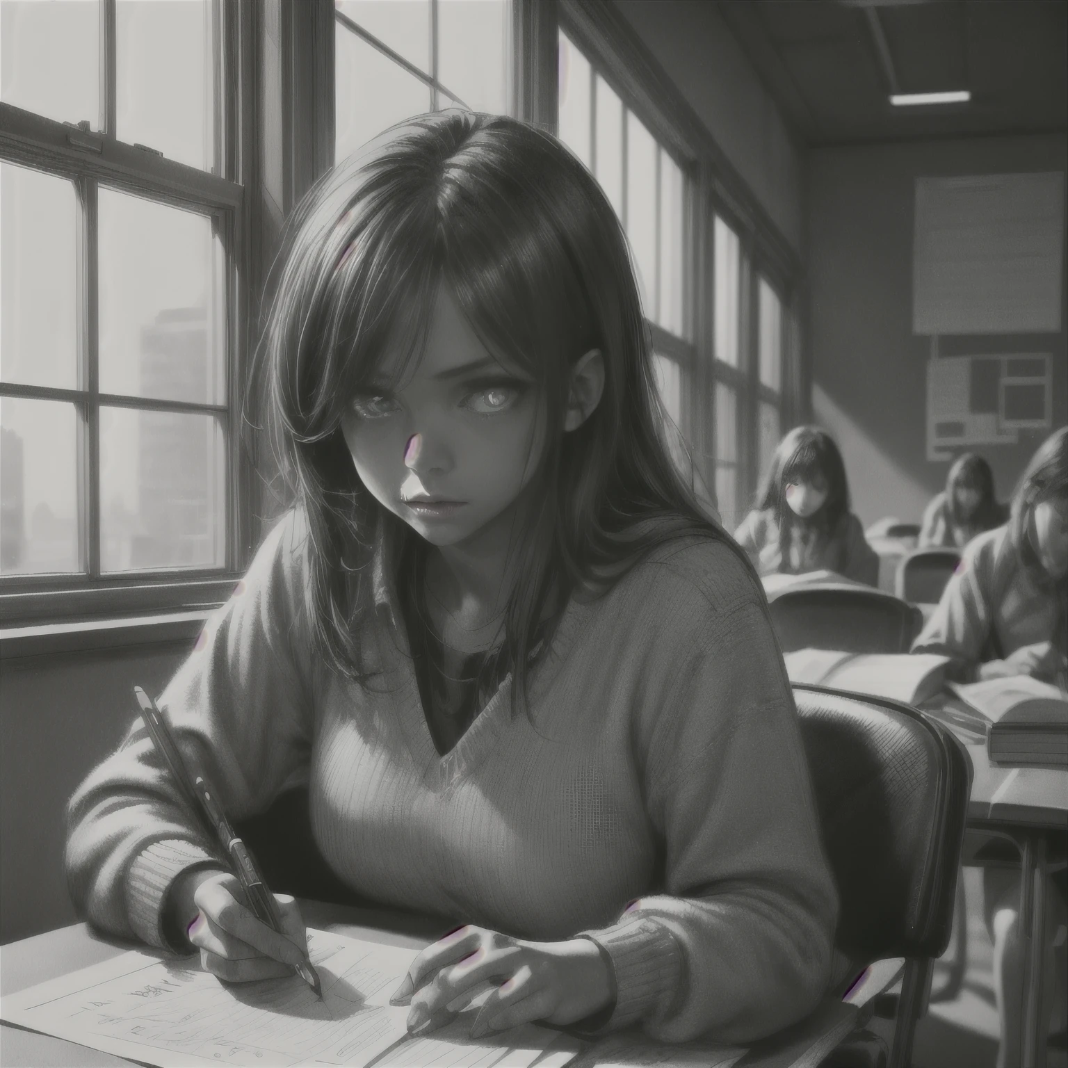 a girl in an examination hall, beautiful detailed eyes,beautiful detailed lips,extremely detailed eyes and face,longeyelashes,,serious expression,sitting at desk,writing on paper,books and stationery on desk,window light,soft lighting,photorealistic,highly detailed,masterpiece,cinematic lighting,dramatic contrast,muted colors