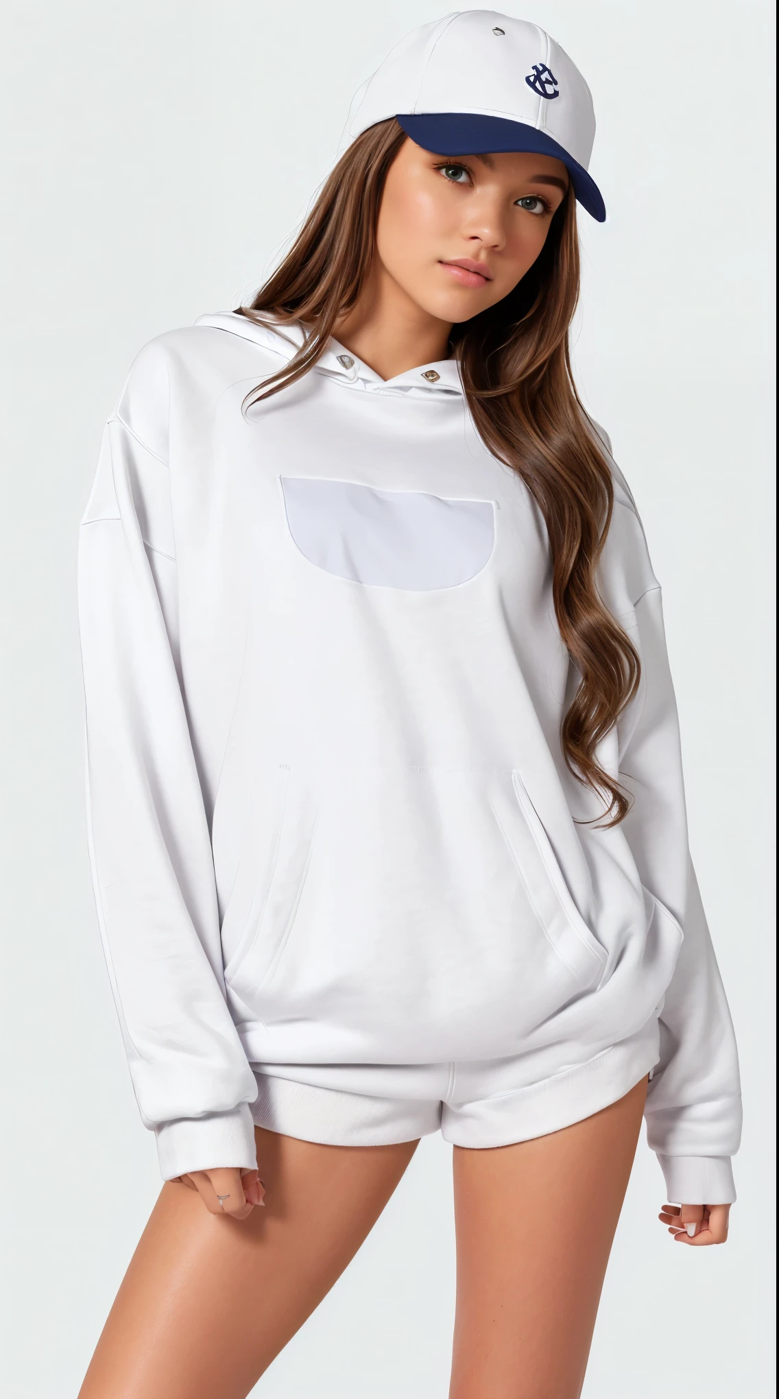 a woman wearing a white sweatshirt and shorts with a baseball cap, light cinza, vestindo moletom, cinza, cinza sweater, roupa branca casual, designed for a cozy aesthetic!, Roupa casual, White Sweater, white and cinza, terno branco liso e justo, fechar detalhes, wearing a cinza hooded sweatshirt, mangas compridas, Moletom cinza, cinza clothes, cheio de detalhes