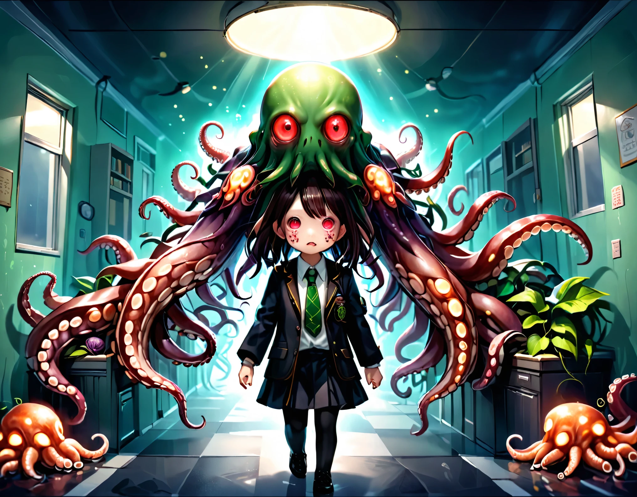 Illustration of Cthulhu, an evil god, (Six eyes, Countless tentacles), Tentacles spread in all directions, Intricate intertwining tentacles, Cute Cthulhu leaving school hand in hand with a primary school student, elaborately painted face, 