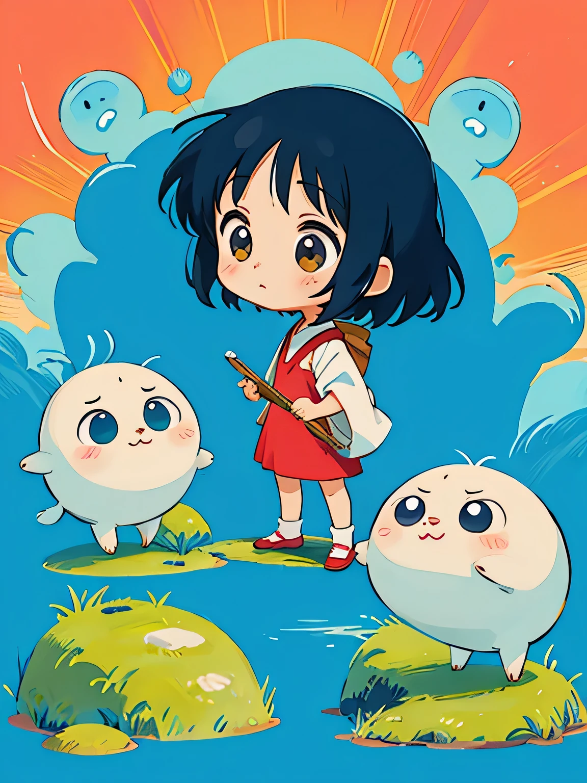 Hayao Miyazaki style, Kawaii Design, most beautiful girl ever、Chibi, Hit in the head by a monster