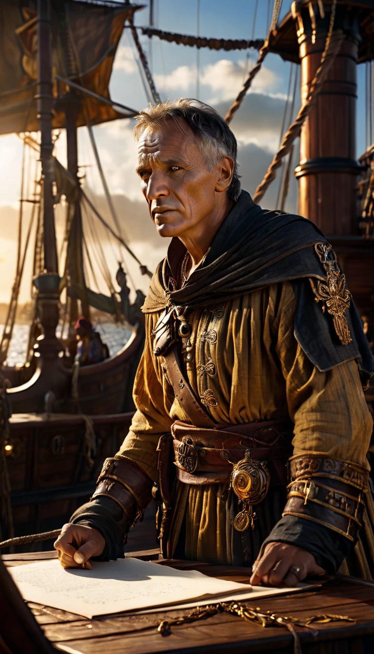 As the sun began to set, The warm golden color of the sun shone on his clothes, Julius Caesar writing poetry on a pirate ship, background dark, hyper realistic, ultra detailed hyper realistic, photorealistic, Studio Lighting, reflections, dynamic pose, Cinematic, Color Grading, Photography, Shot on 50mm lens, Ultra-Wide Angle, Depth of Field, hyper-detailed, beautifully color, 8k, golden light from the front,