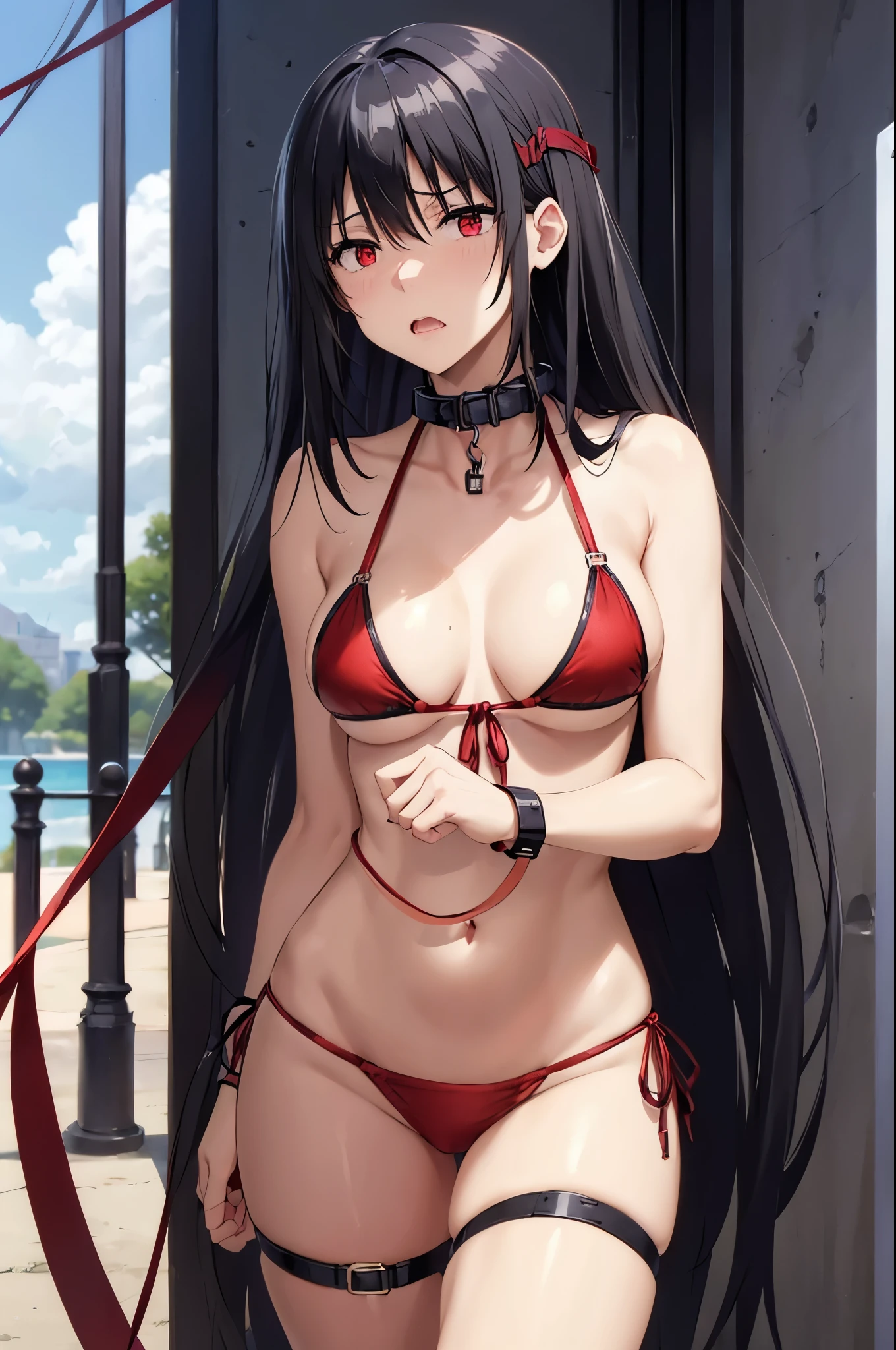 (((collar,leash,tied up,bondage,scared expression))),black hair,red eyes,(((bikini)))