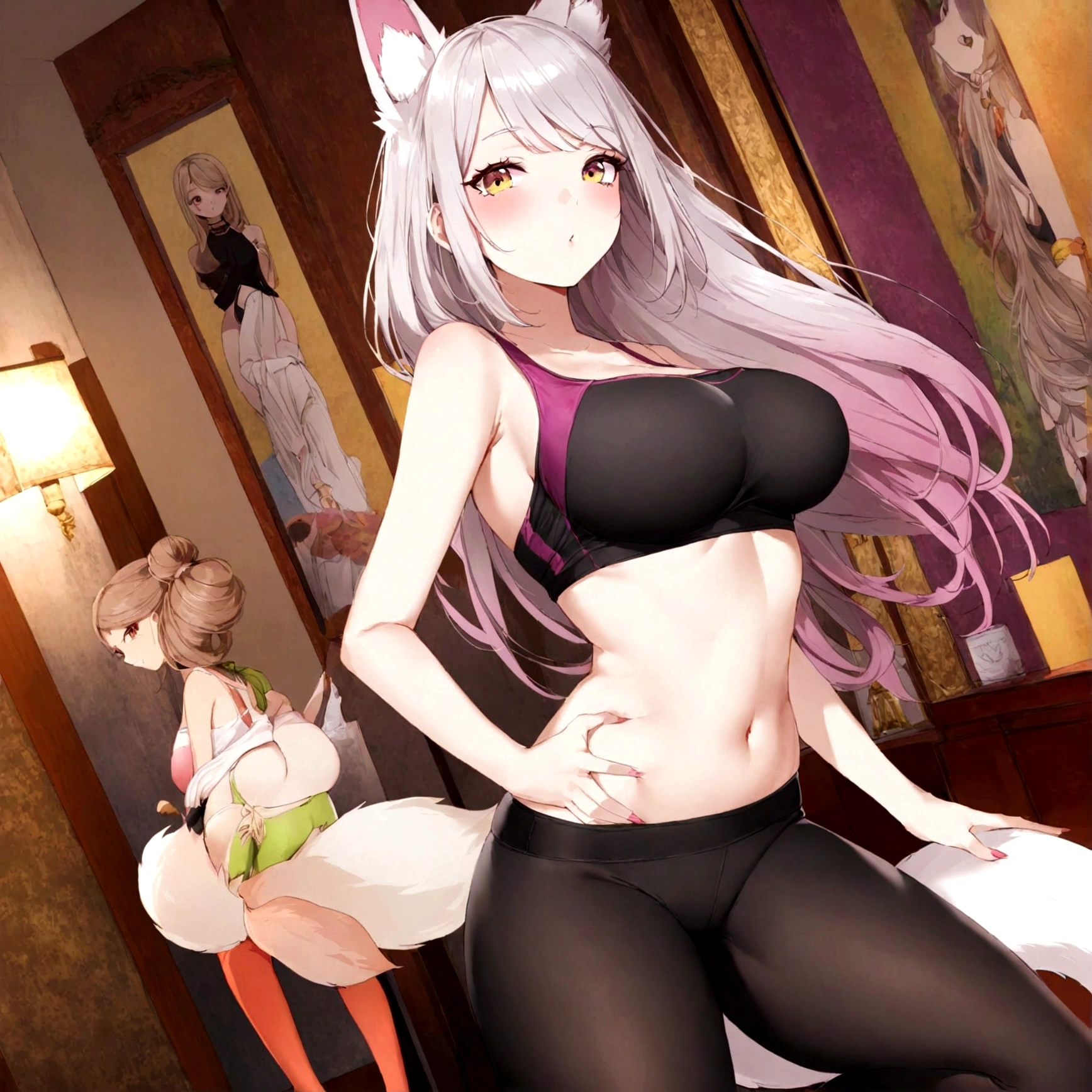 A lovely Kitsune wearing Yoga pants and a small sports bra is trying to get the viewers attention, smoldering hot flirtation and poses, bangkok