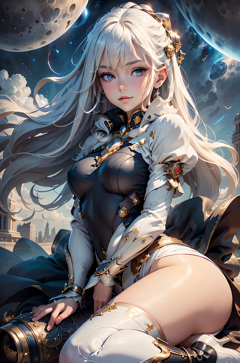 (masterpiece, highest quality, Dutch Angle)(One beautiful girl, alone)(White Hair, Blue Eyes)(smile, Sitting,Floating Hair、A soft wind is blowing)(universe、milky way、City of the Moon)Above the knee tights、boots