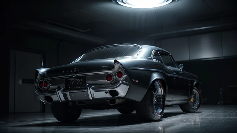 1960s luxury sedan, rear view, futuristic fantasy, epic sci-fi scene, intricate detailed design, glossy metallic body, glistening chrome accents, dramatic lighting, moody atmosphere, cinematic composition, photorealistic rendering, masterpiece, (best quality,8k,highres,masterpiece:1.2),ultra-detailed,(realistic,photorealistic,photo-realistic:1.37),cinematic lighting,dramatic shadows,volumetric fog,glowing energy field,gleaming chrome,aerodynamic body,intricate details,sleek and stylish
