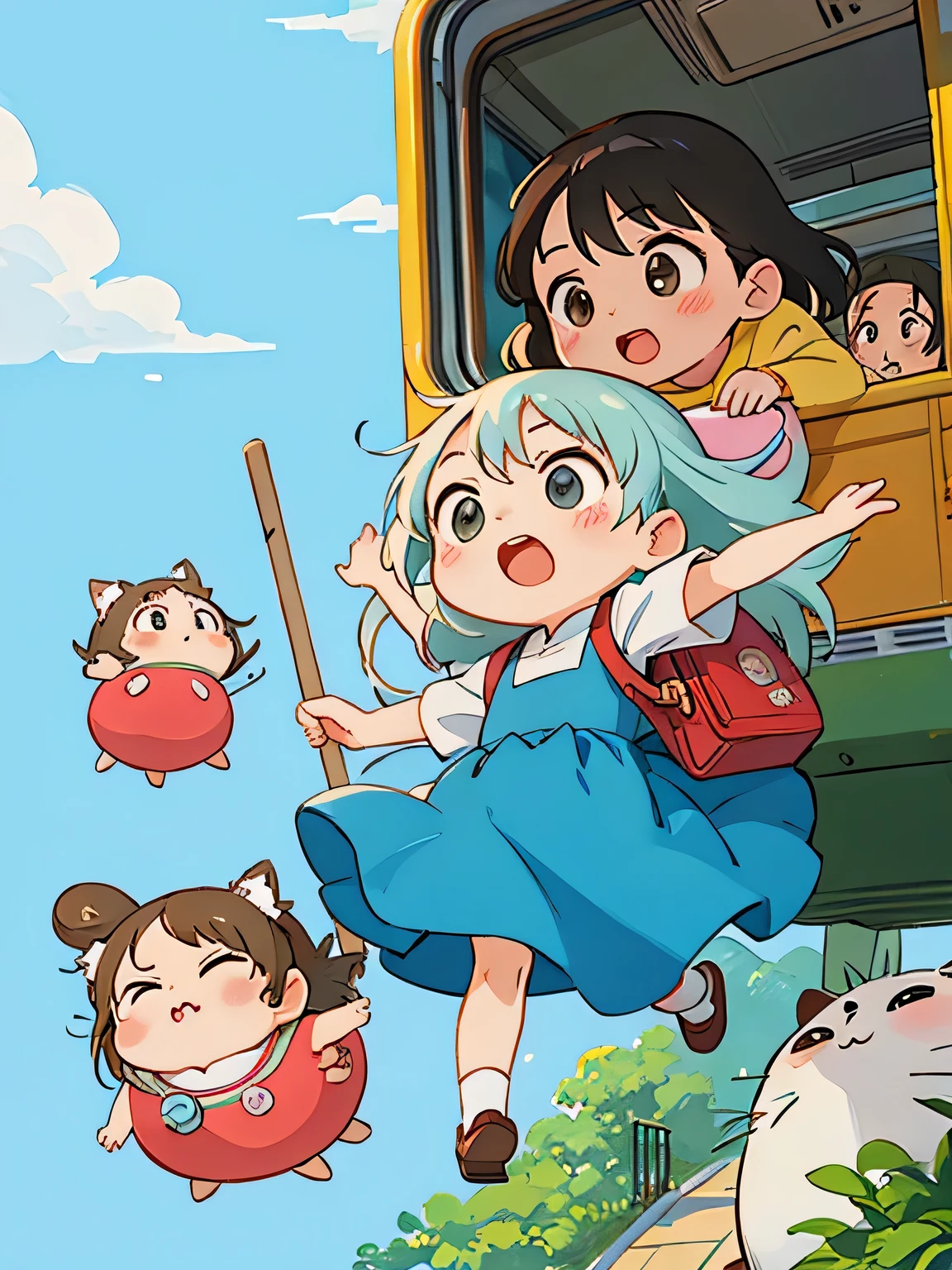 Hayao Miyazaki style, Kawaii Design, most beautiful girl ever、Chibi, Being thrown off the bus