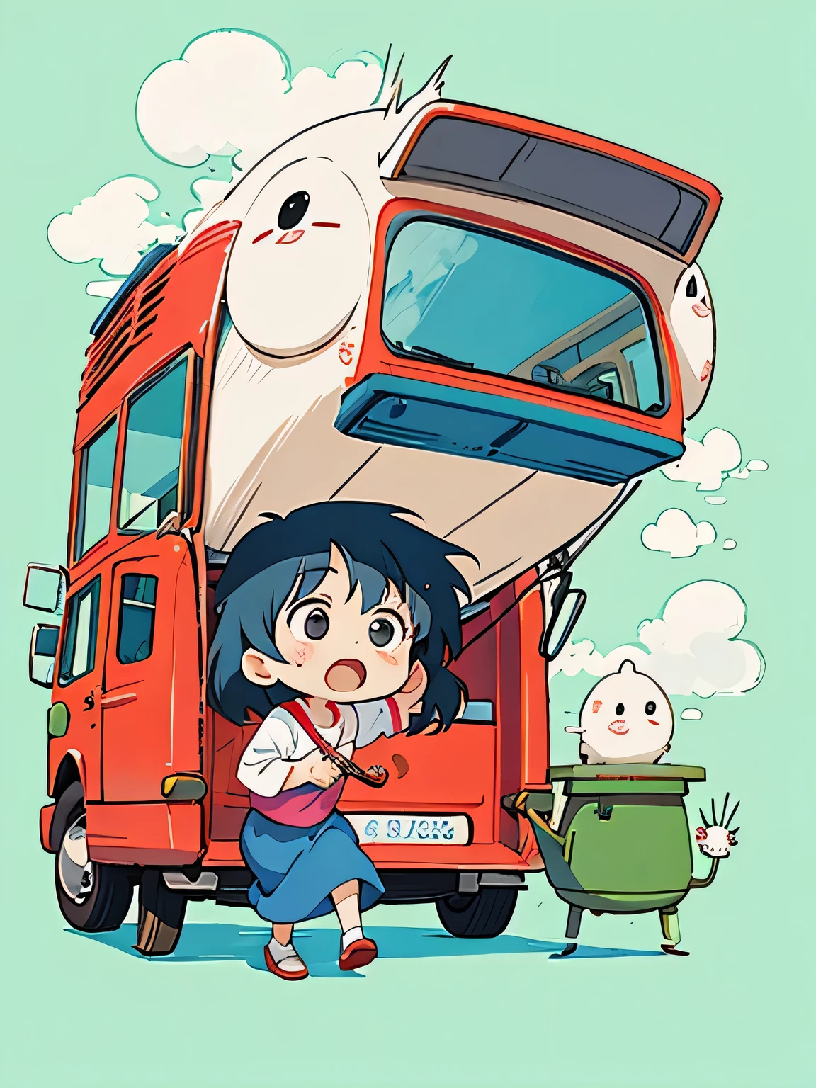 Hayao Miyazaki style, Kawaii Design, most beautiful girl ever、Chibi, Being thrown off the bus